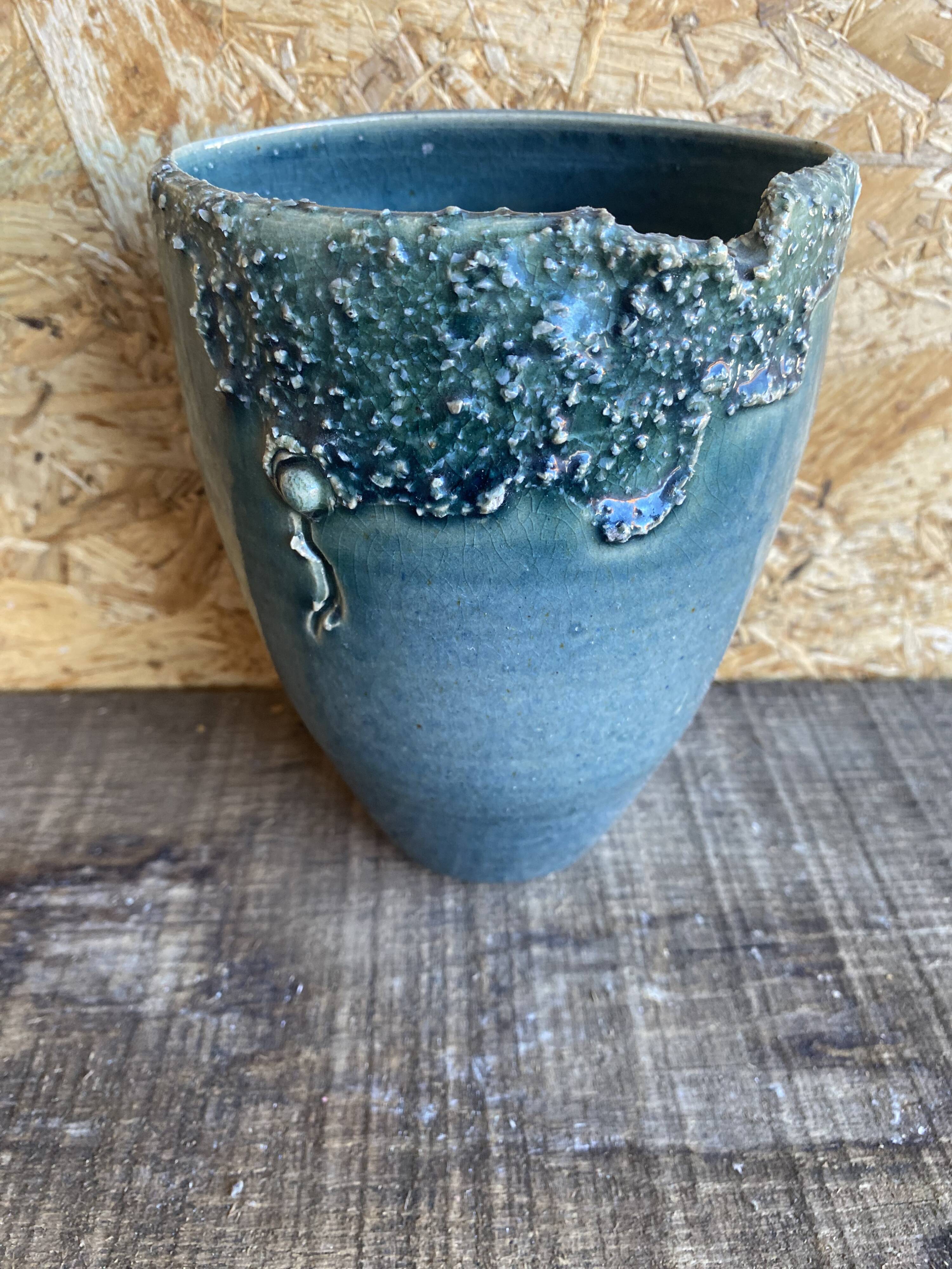 Ancient Vase JACKY COVILLE Glazed Stoneware Blue Vintage #D987