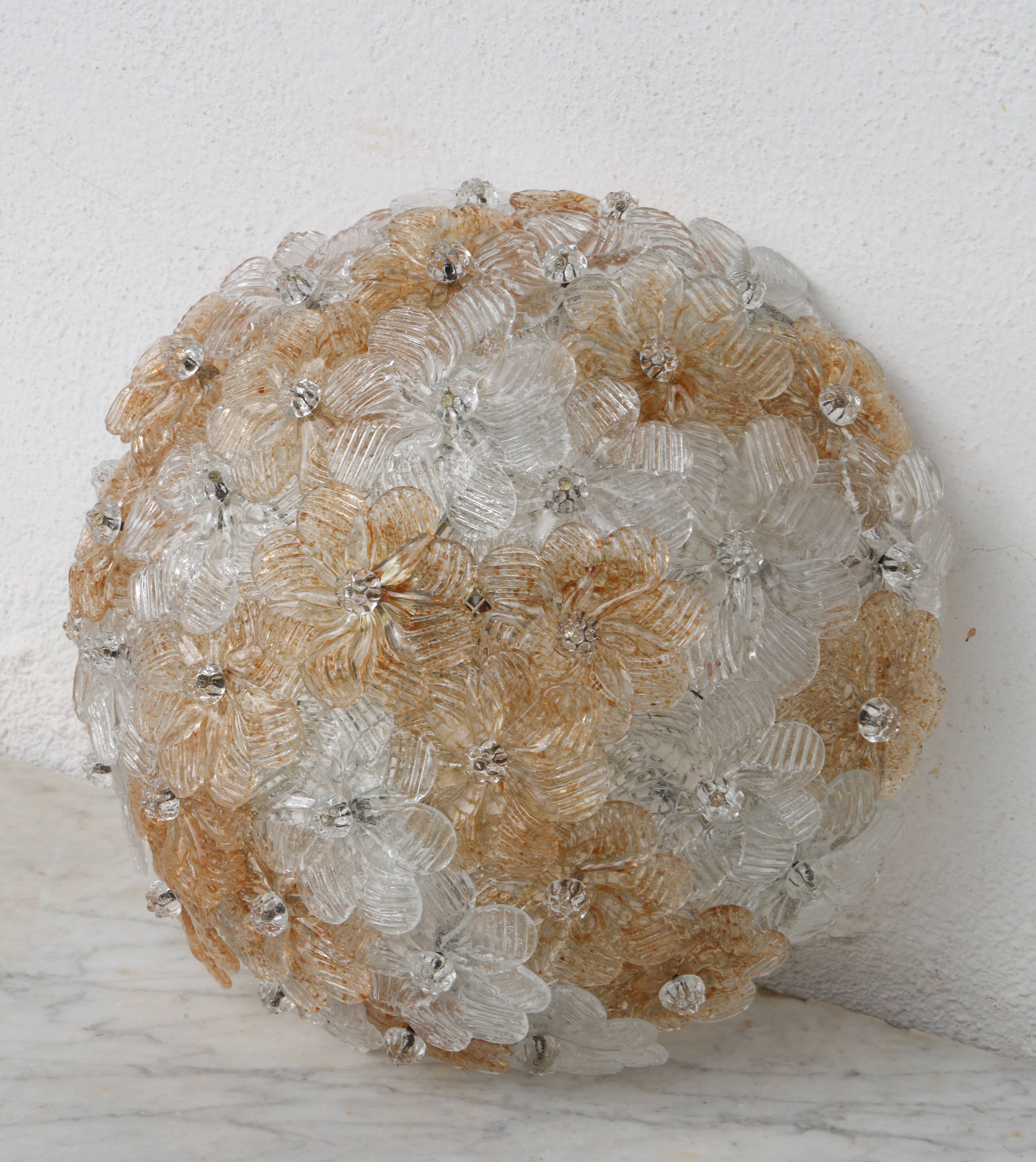 Wonderful Orange and Transparent Murano Glass Ceiling Light Flower by Seguso