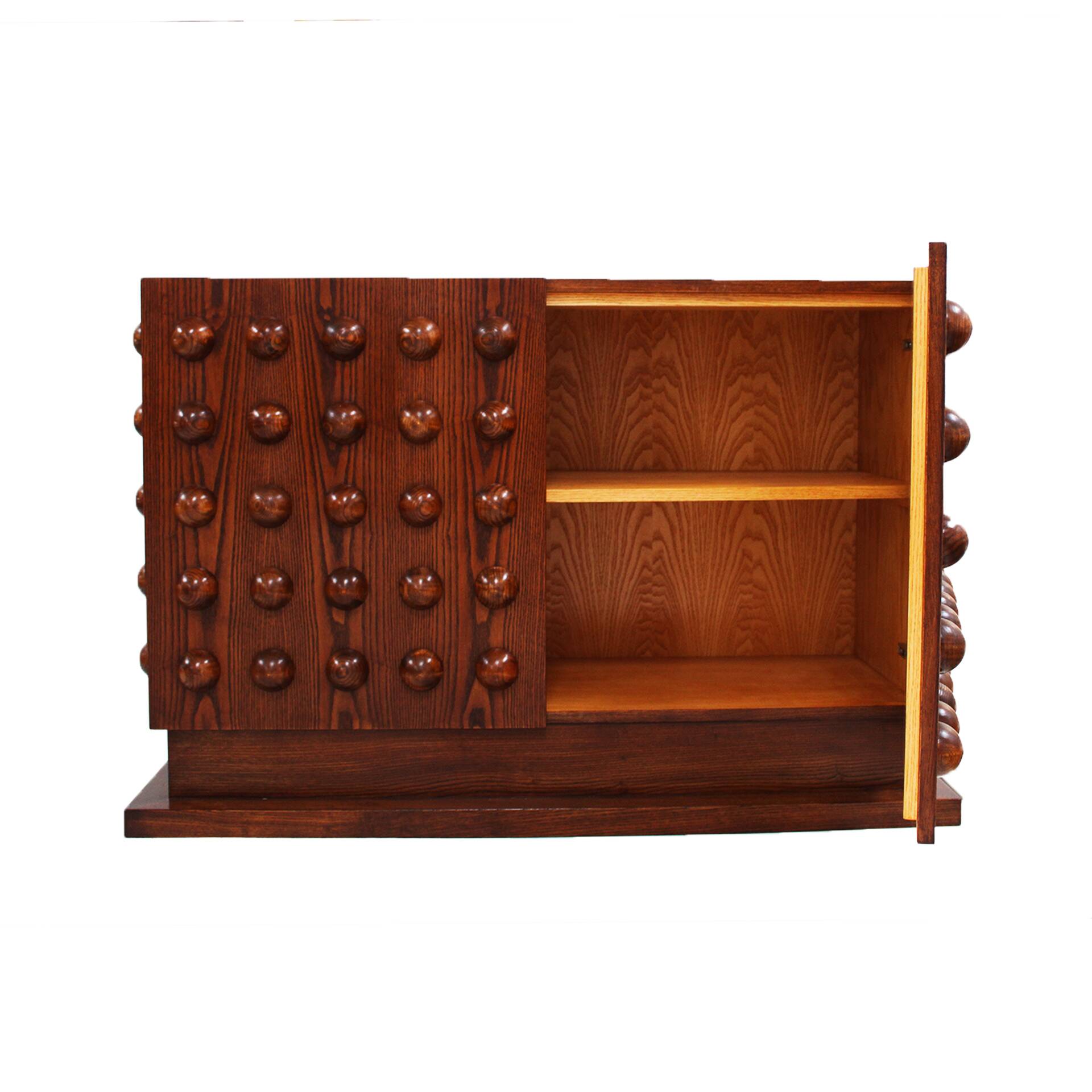 Italian Brutalist Hand-Carved Oak Wood Sideboard with Sculptural Studded Do