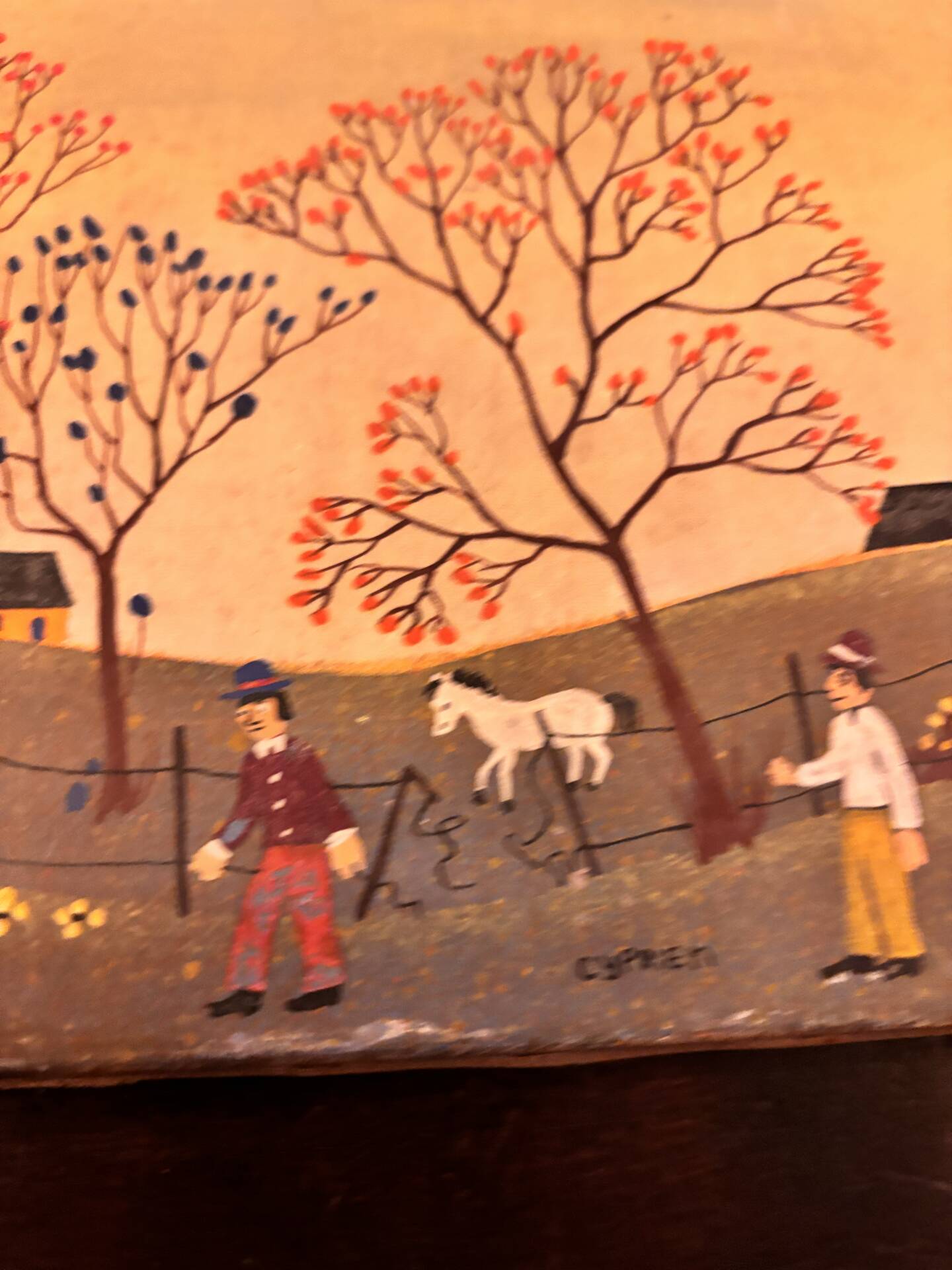 Tableau d'art naïf vintage - Scène champêtre. Art populaire