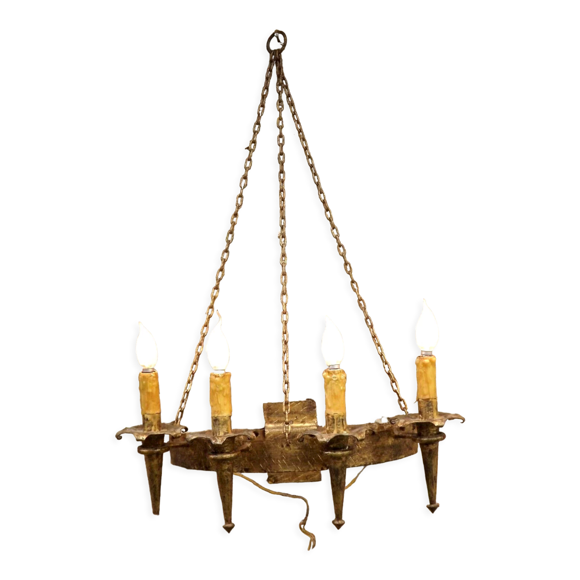 French medieval gold hand forged wrought iron 4 light hanging wall light 3894