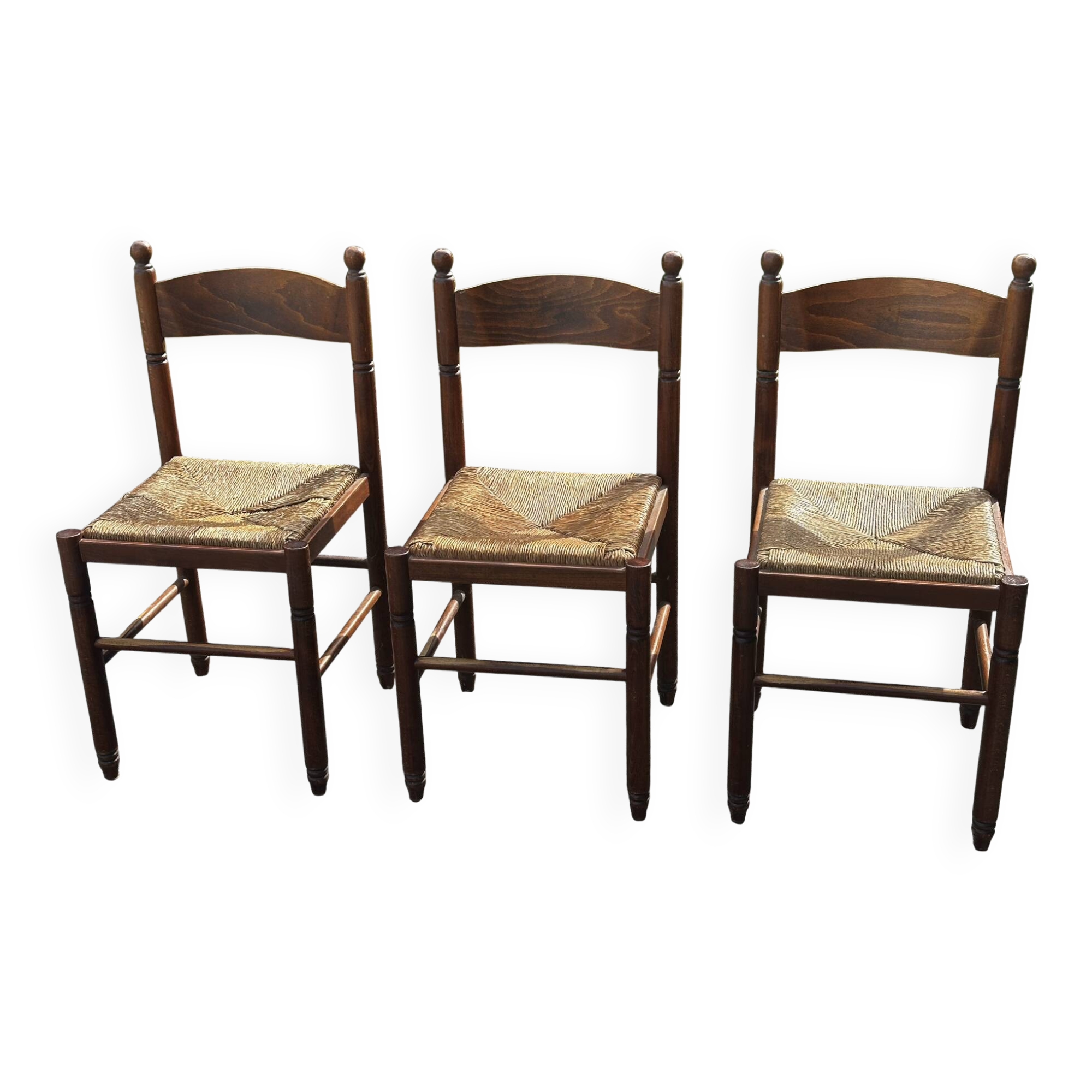 Set of 3 vintage wooden and straw chairs – 1950s