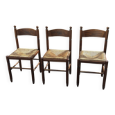Set of 3 vintage wooden and straw chairs – 1950s