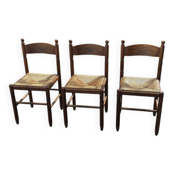 Set of 3 vintage wooden and straw chairs – 1950s