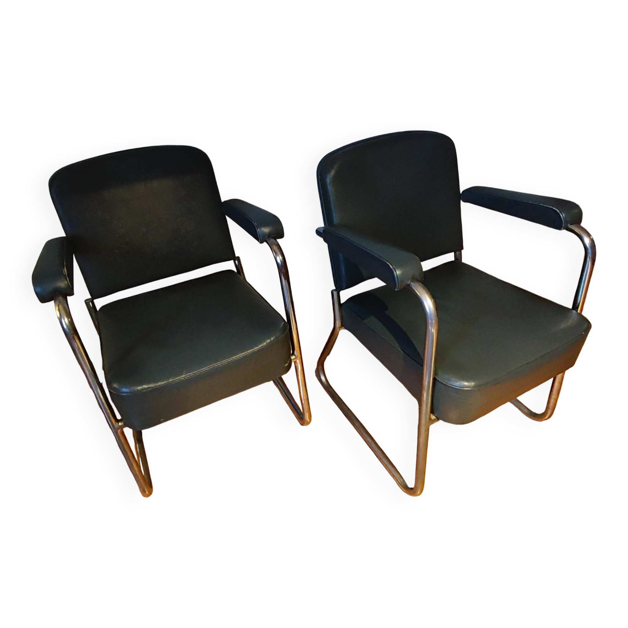 Green Skaï Armchairs Type Ronéo by Pullman from the 1950s