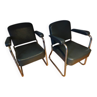 Green Skaï Armchairs Type Ronéo by Pullman from the 1950s
