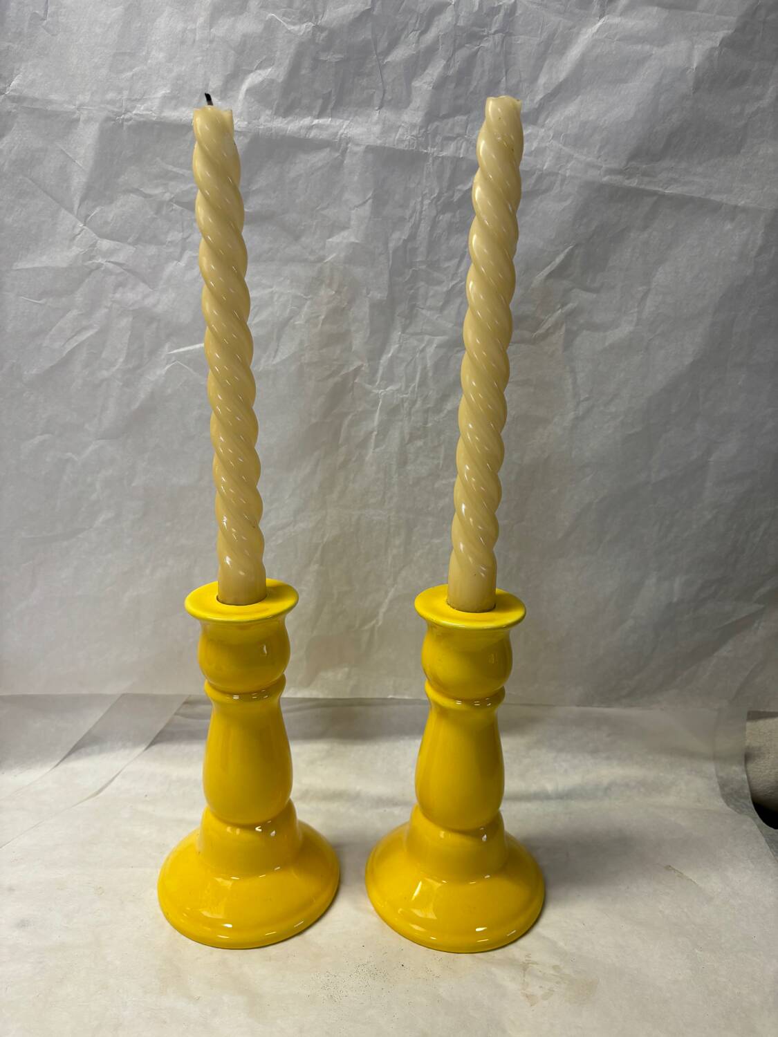 Set of 2 vintage yellow ceramic candle holders