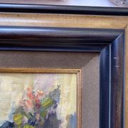 Ancient painting, Still Life with Flowers and Cartel Pendulum, signed, 20th century