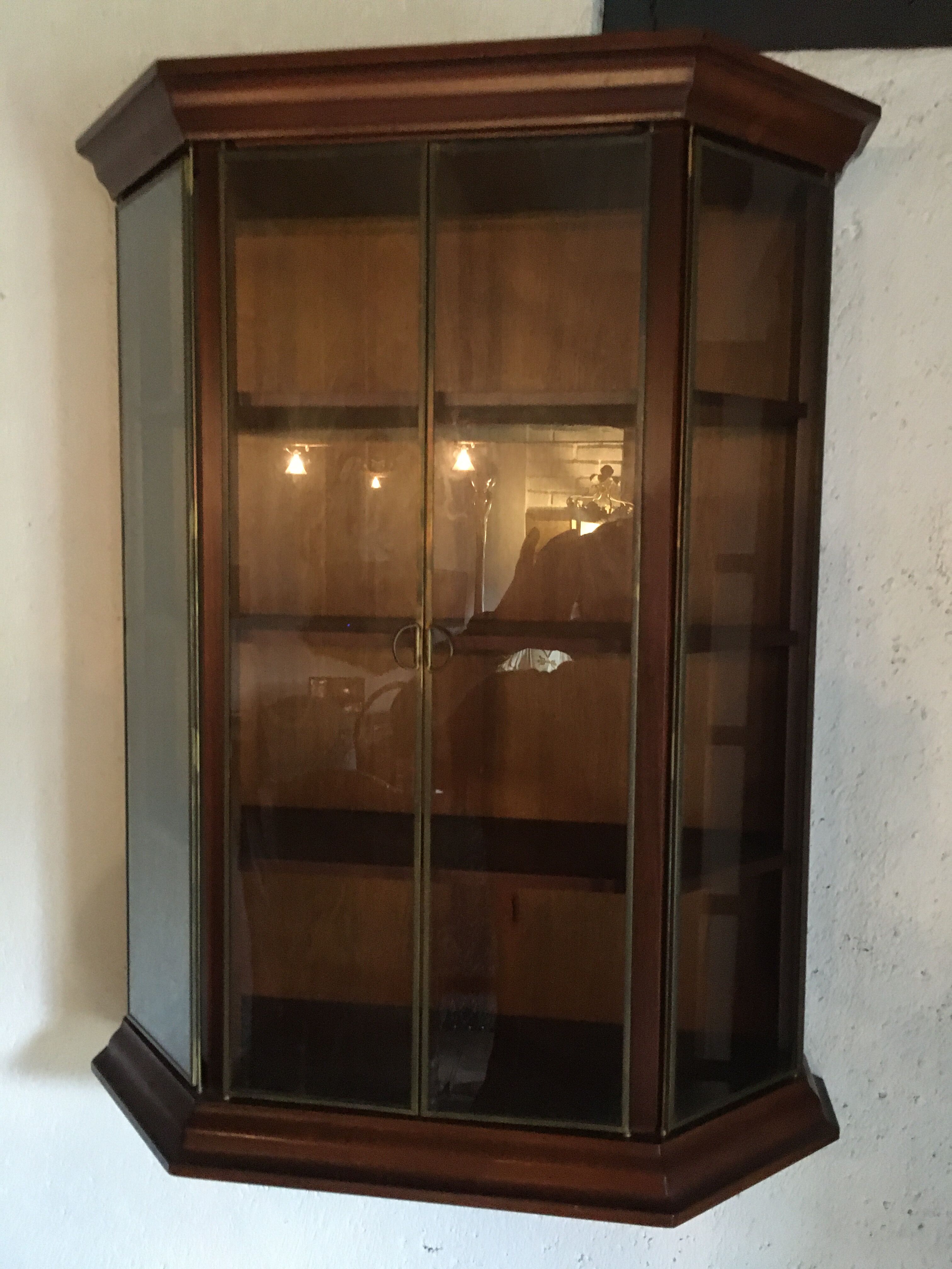 Wall display case for collection or other in wood, glass and brass