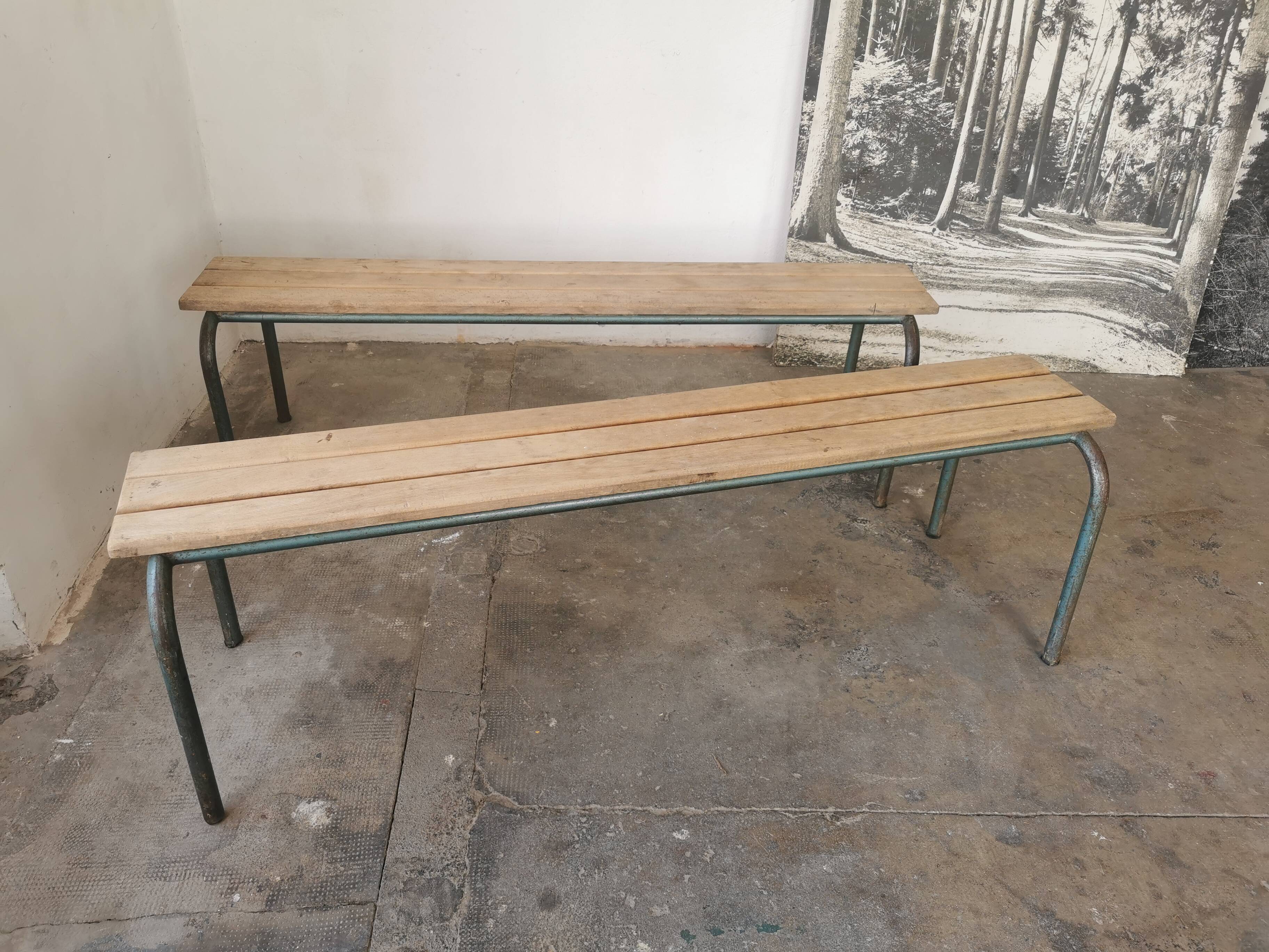 Pair of vintage metal and wood school benches