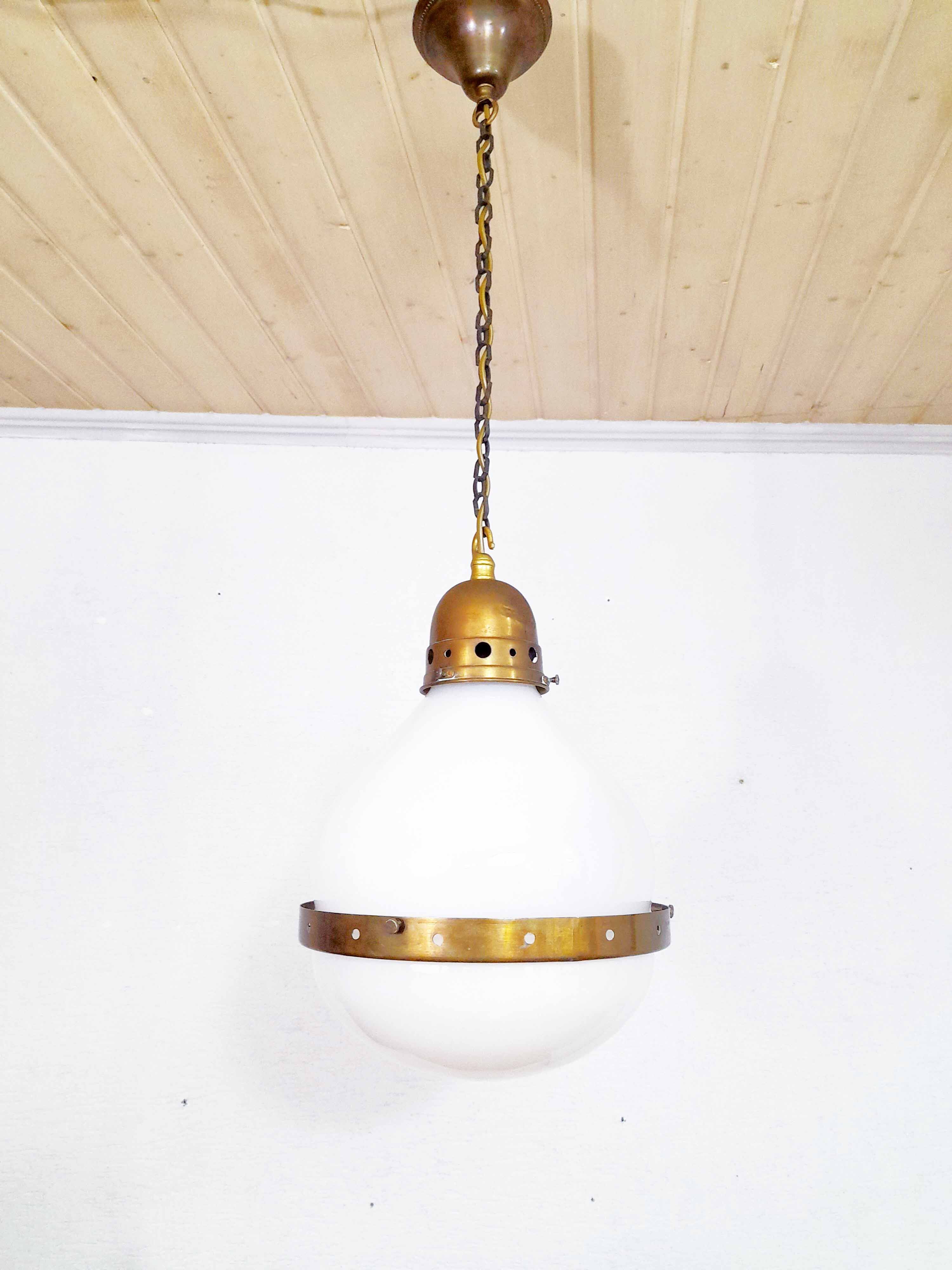 Bauhaus pendant lamp in opaline glass and brass