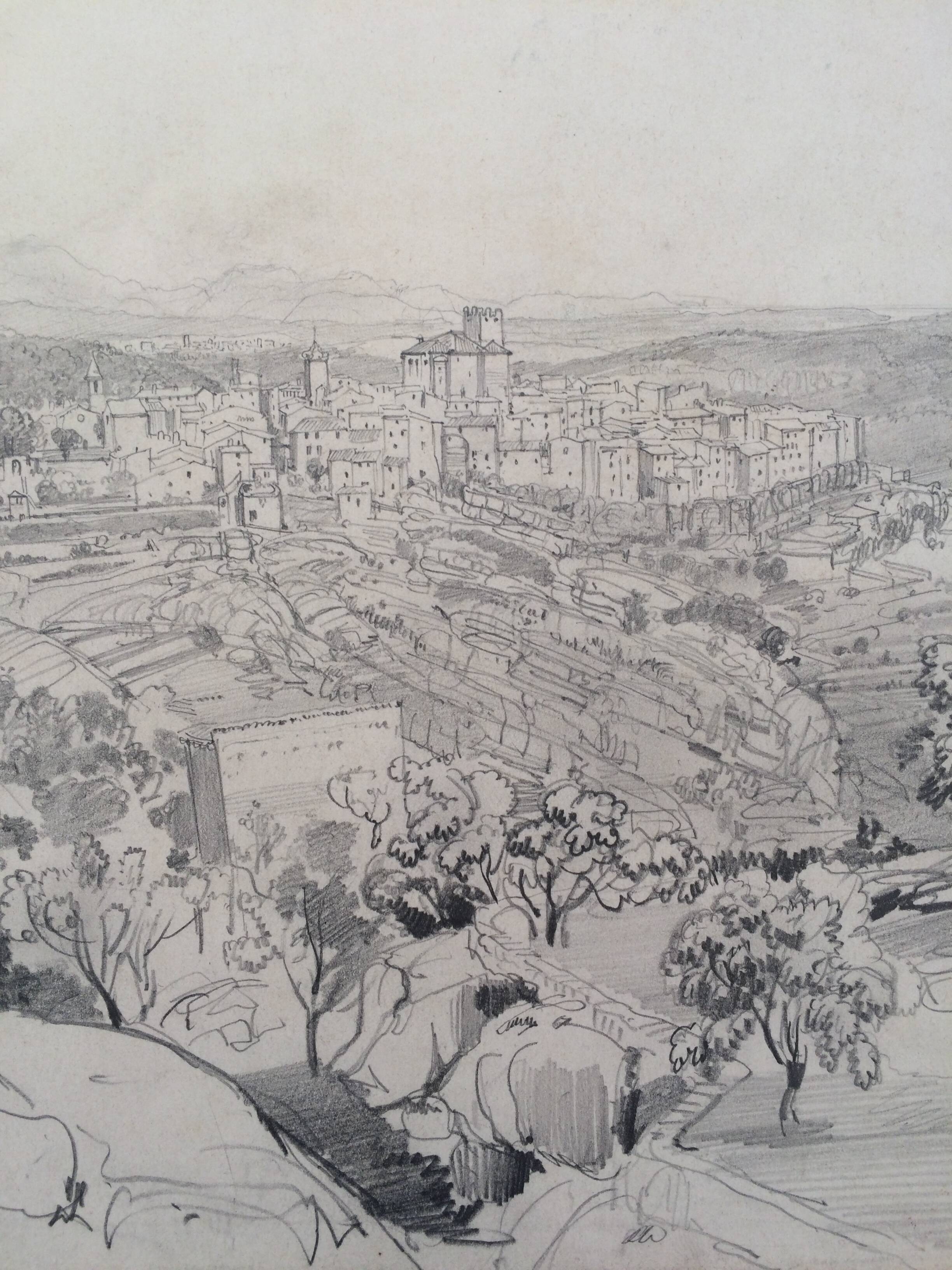 Félix BENOIST, Presumed view of Grasse. Pencil drawing, 19th century