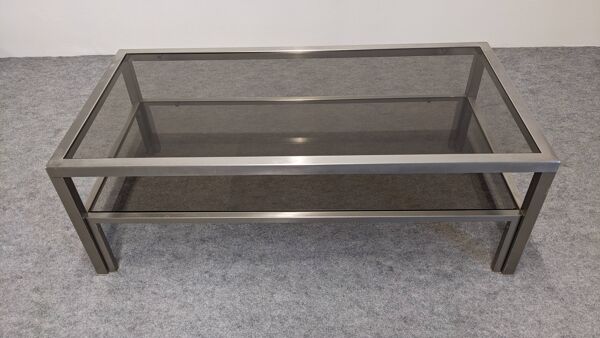 Table basse à 2 plateaux en inox brossé et verre fumé, France vers 1970