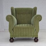 1950s, Danish relax armchair, green furniture velour fabric, ash wood legs.