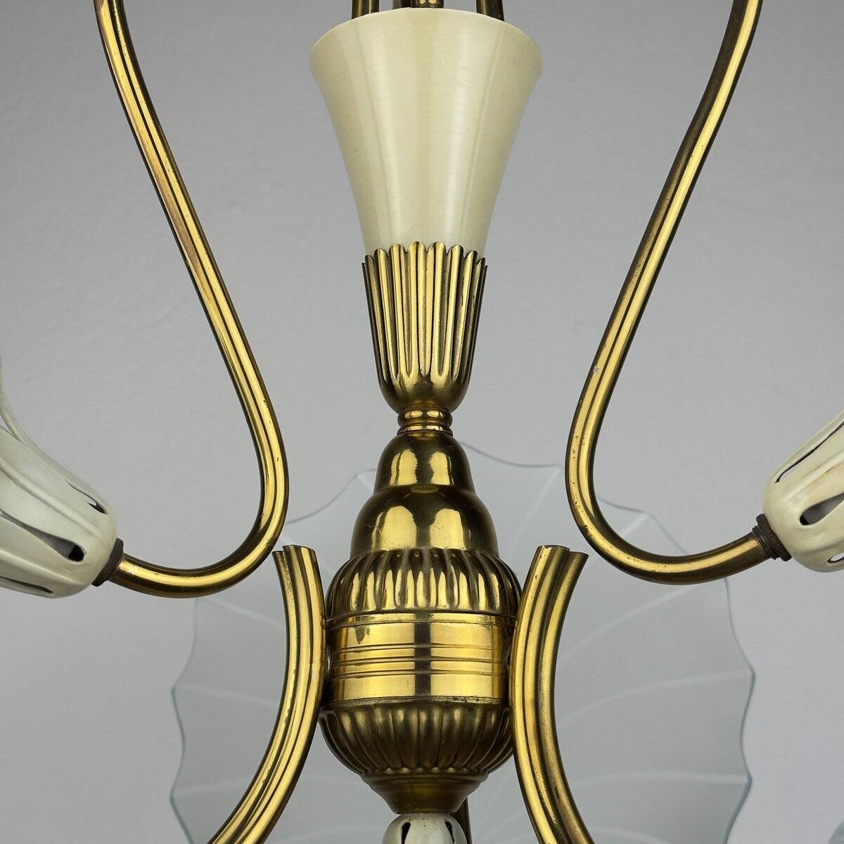 Antique brass and glass chandelier in the style of Pietro Chiesa for Fontana Arte, Italy, 1930s.