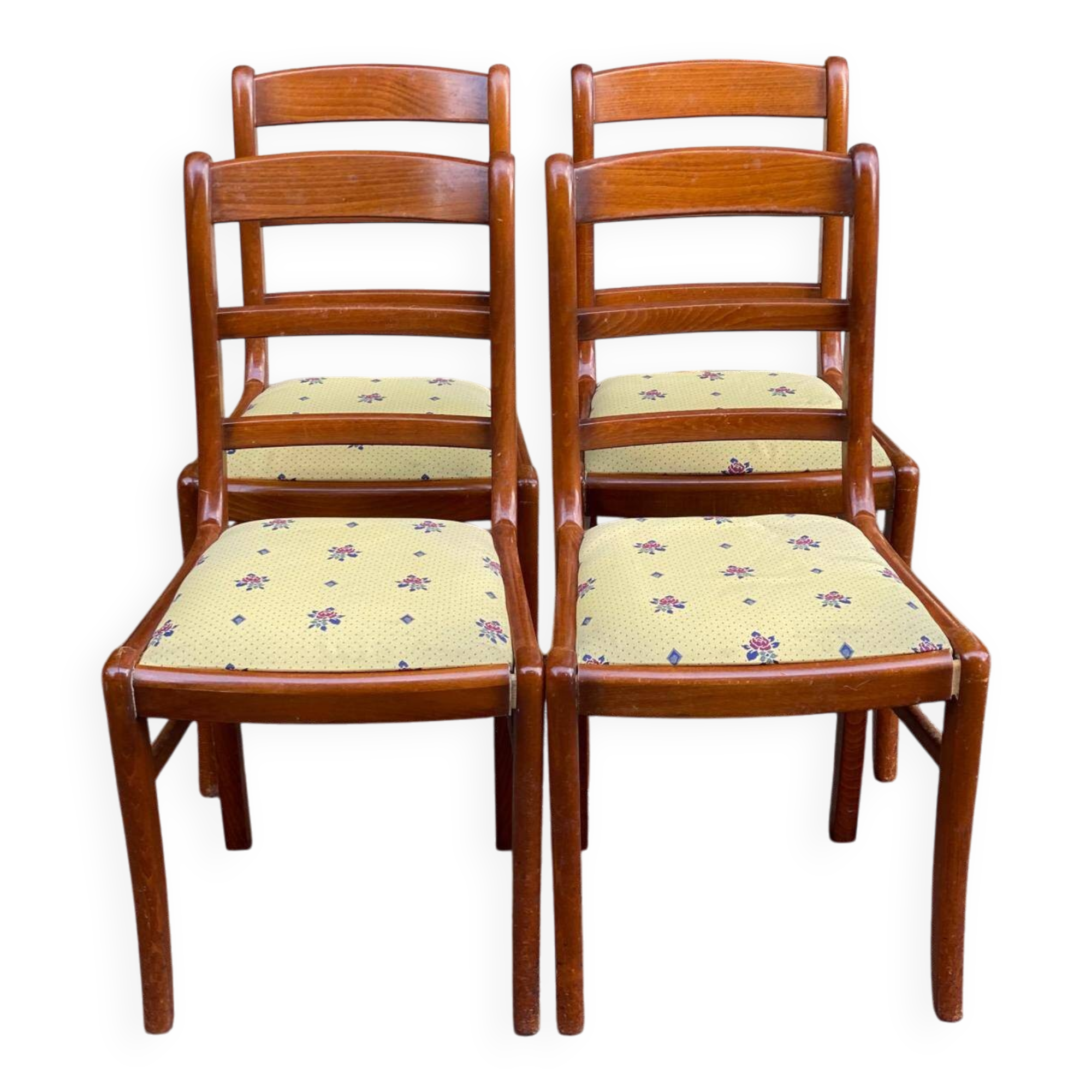 4 chaises en bois massif et tissu jaune fleurs Louis Philippe
