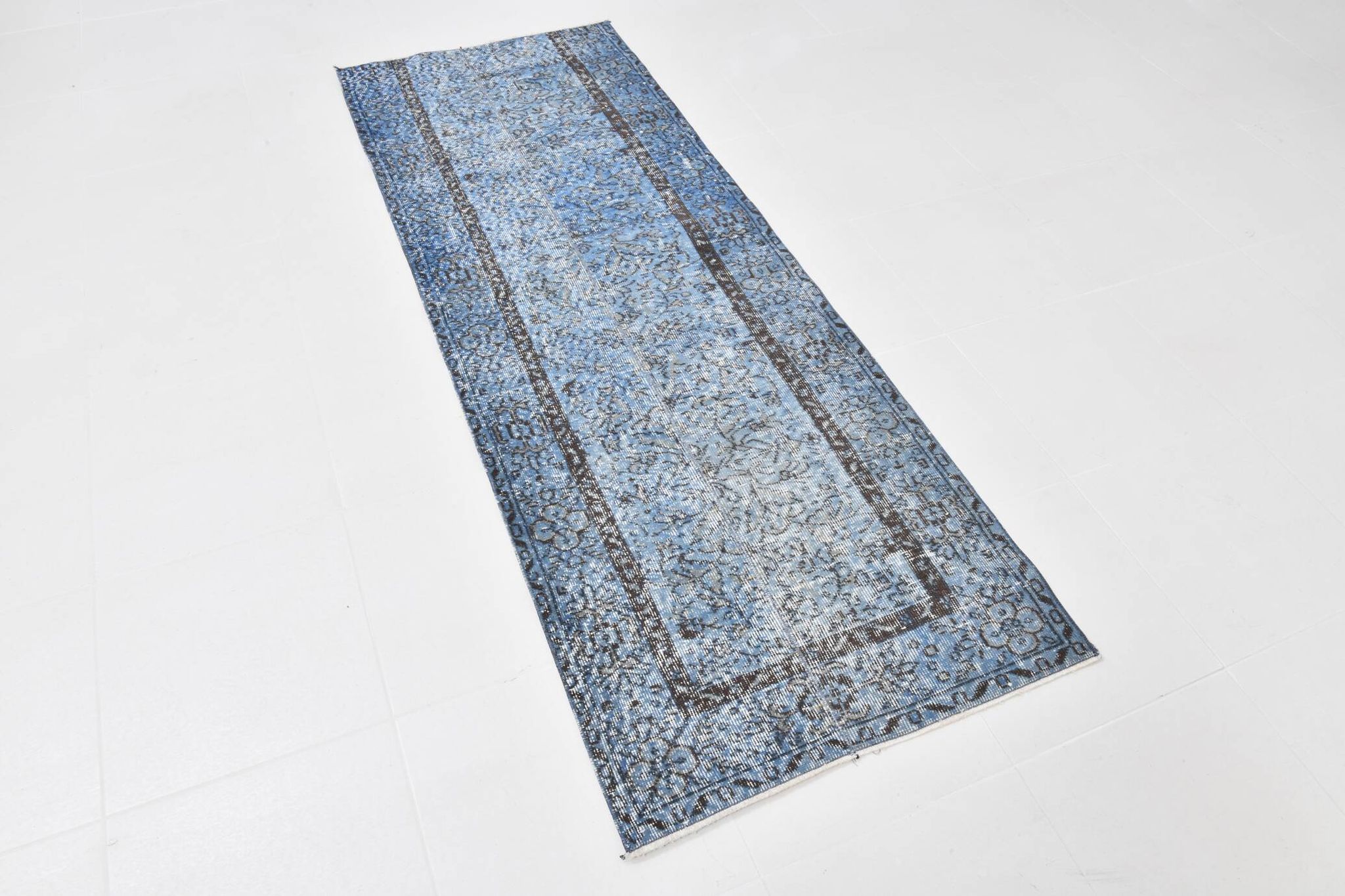 3x7 Blue Vintage Runner Rug, Handmade Wool Rug, Turkish Runner, 78x218Cm