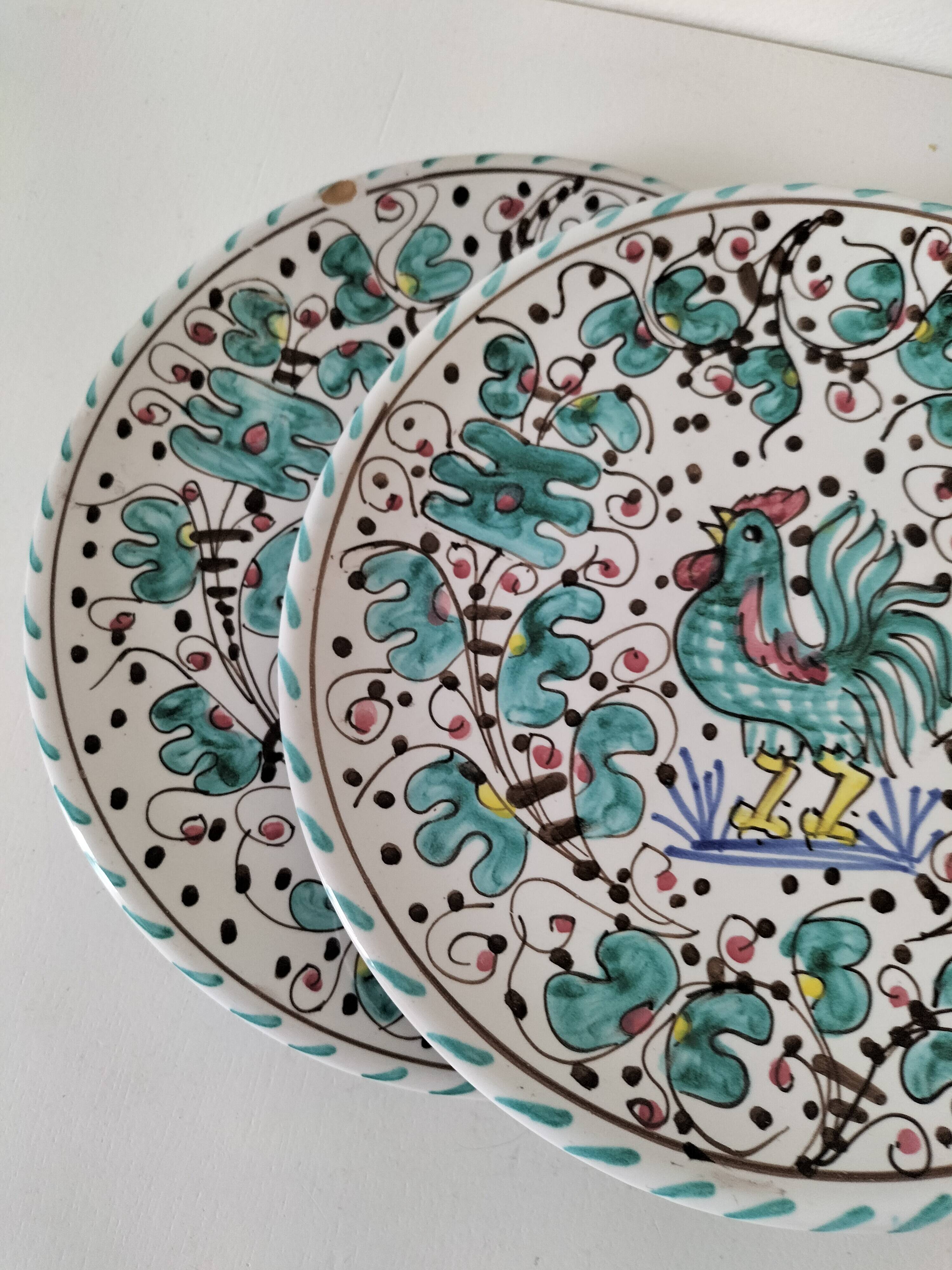 Duo d’assiettes Deruta Etrusca coq vert majolique italienne
