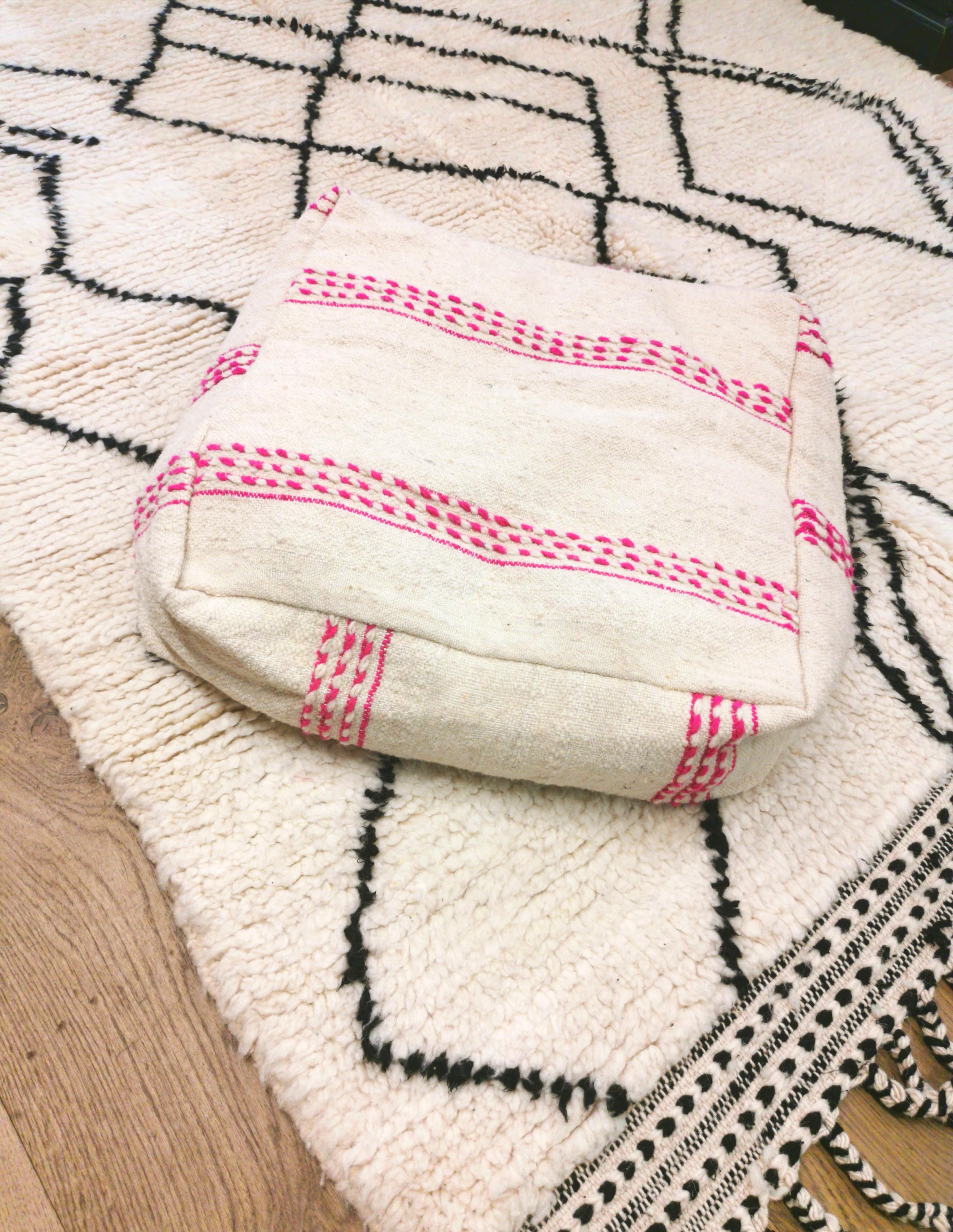 Berber kilim ottoman cover with fuchsia pink stripes