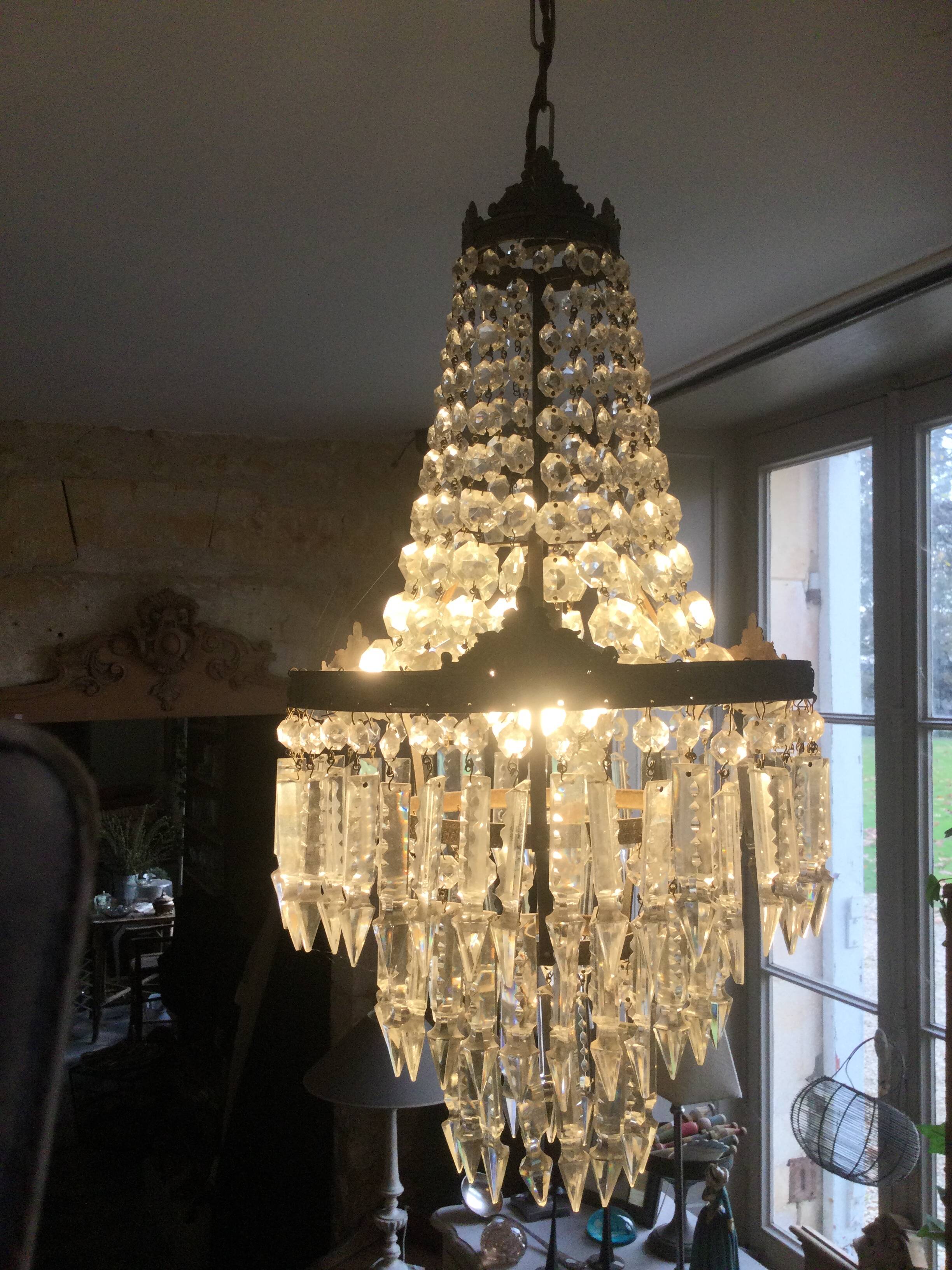 Lustre montgolfière ancien à pampilles