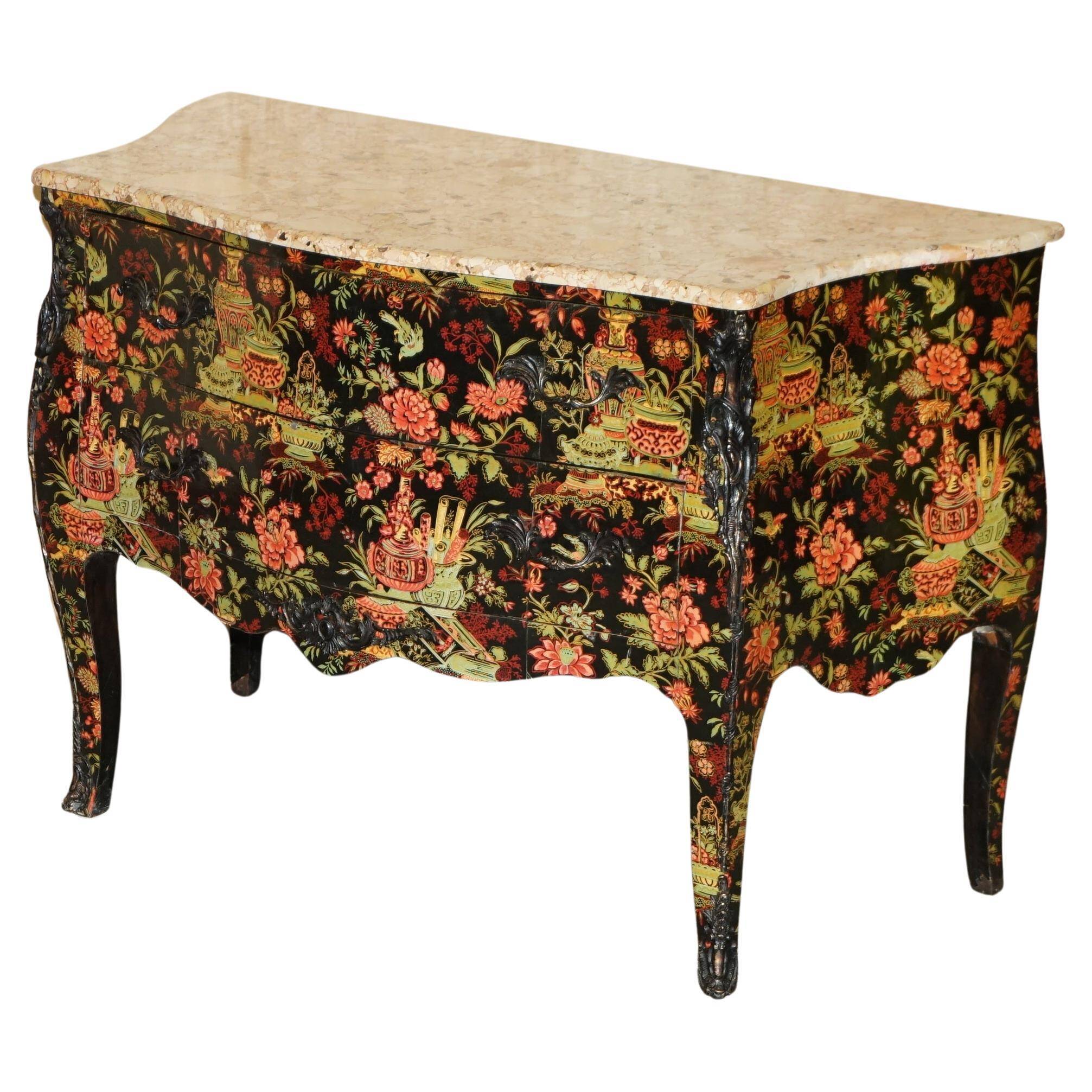 Antique Chinoiserie Commode Hand-Painted with Marble Top