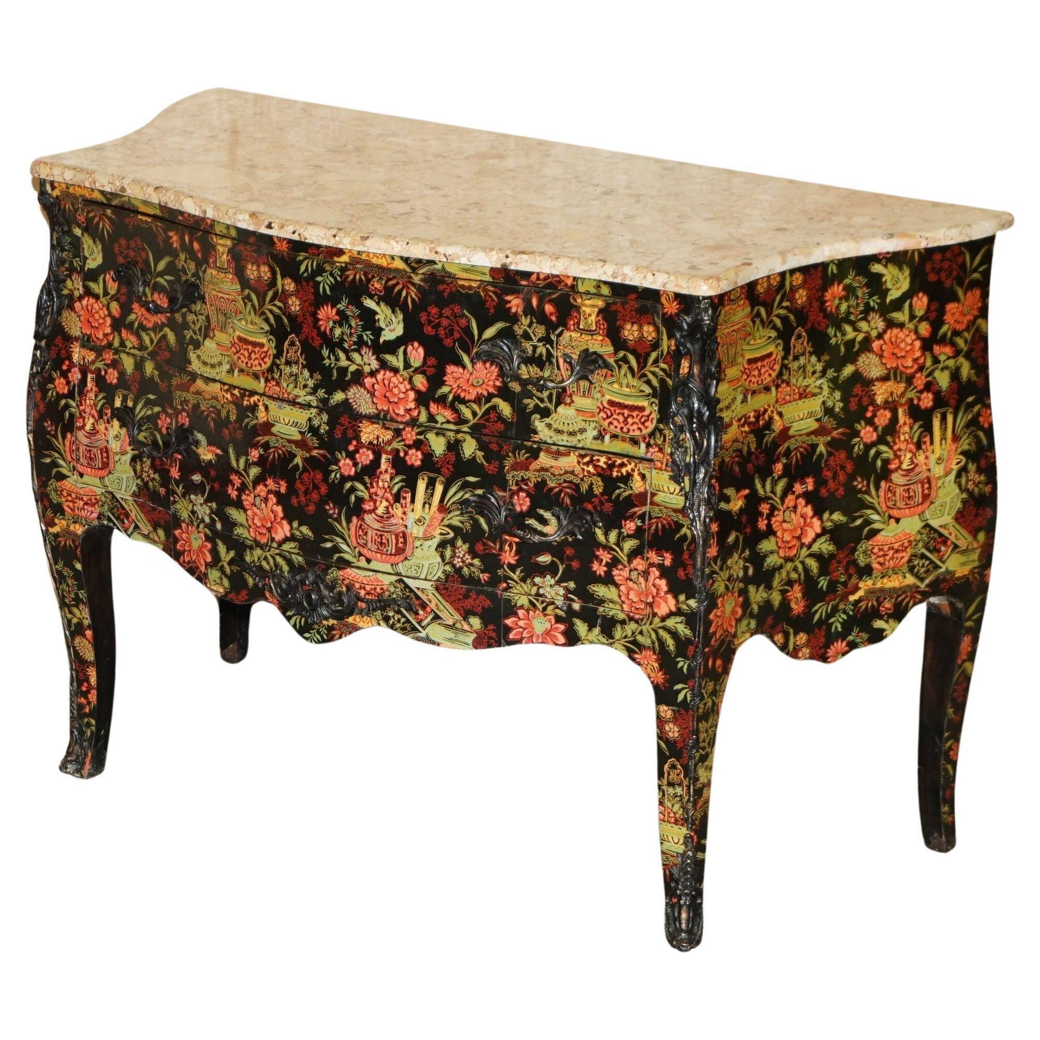 Antique Chinoiserie Commode Hand-Painted with Marble Top
