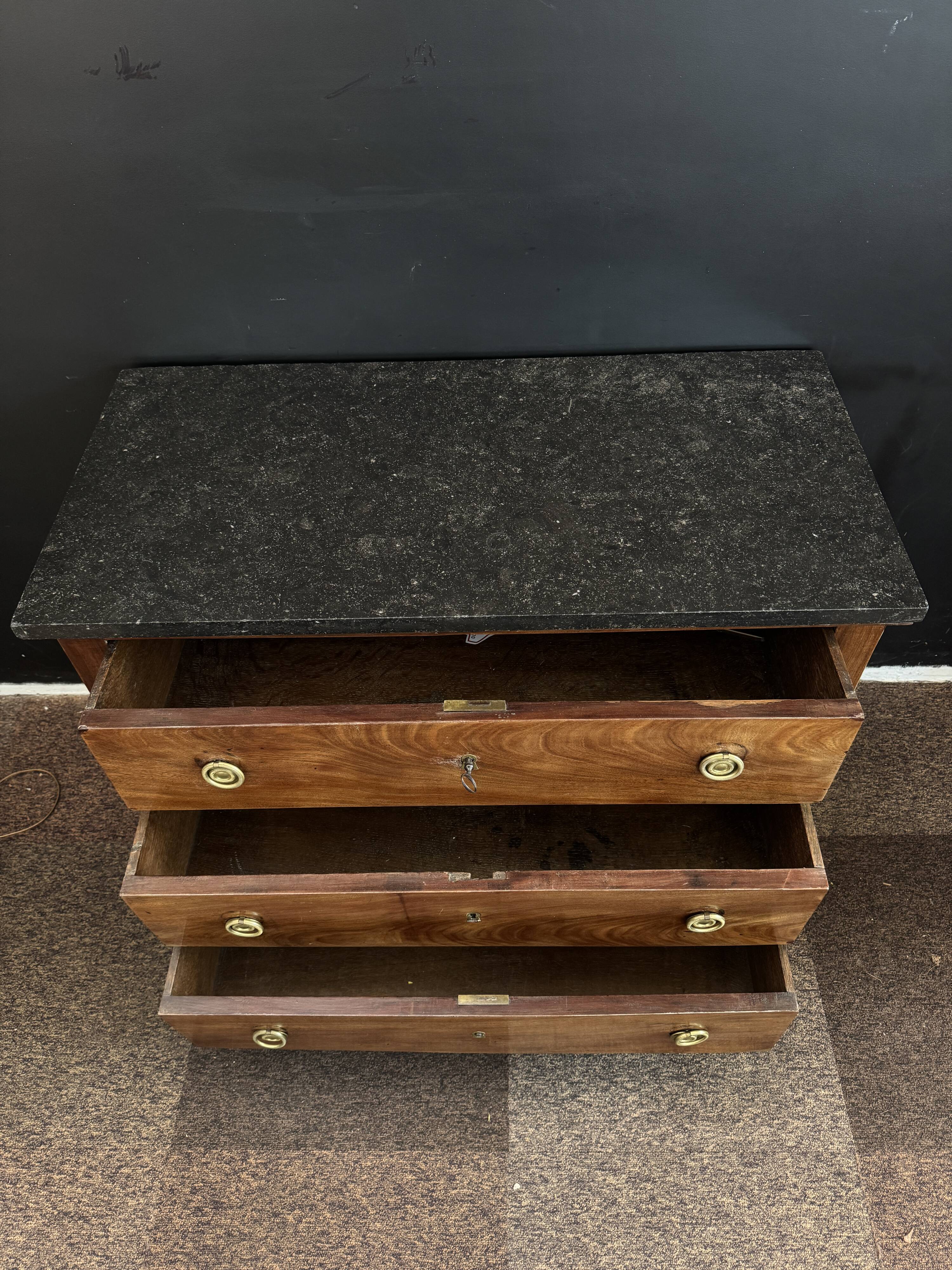 Empire style chest of drawers with 3 drawers and marble top - solid mahogany