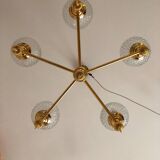 Lustre 5 feux vintage en verre et laiton