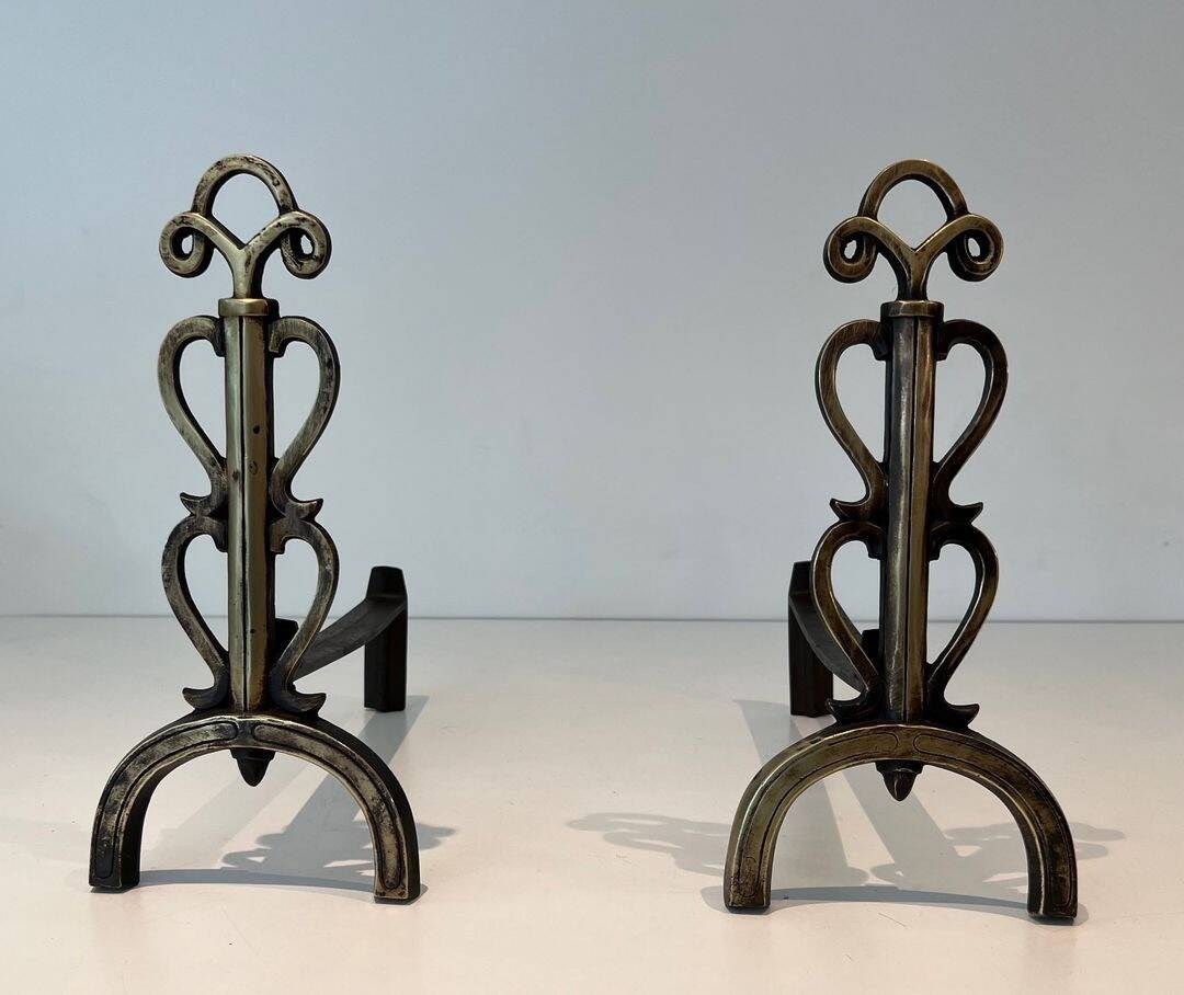 Pair of Brass and Wrought Iron Chenets with Triple Volute and Mount Torch Holders