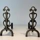 Pair of Brass and Wrought Iron Chenets with Triple Volute and Mount Torch Holders