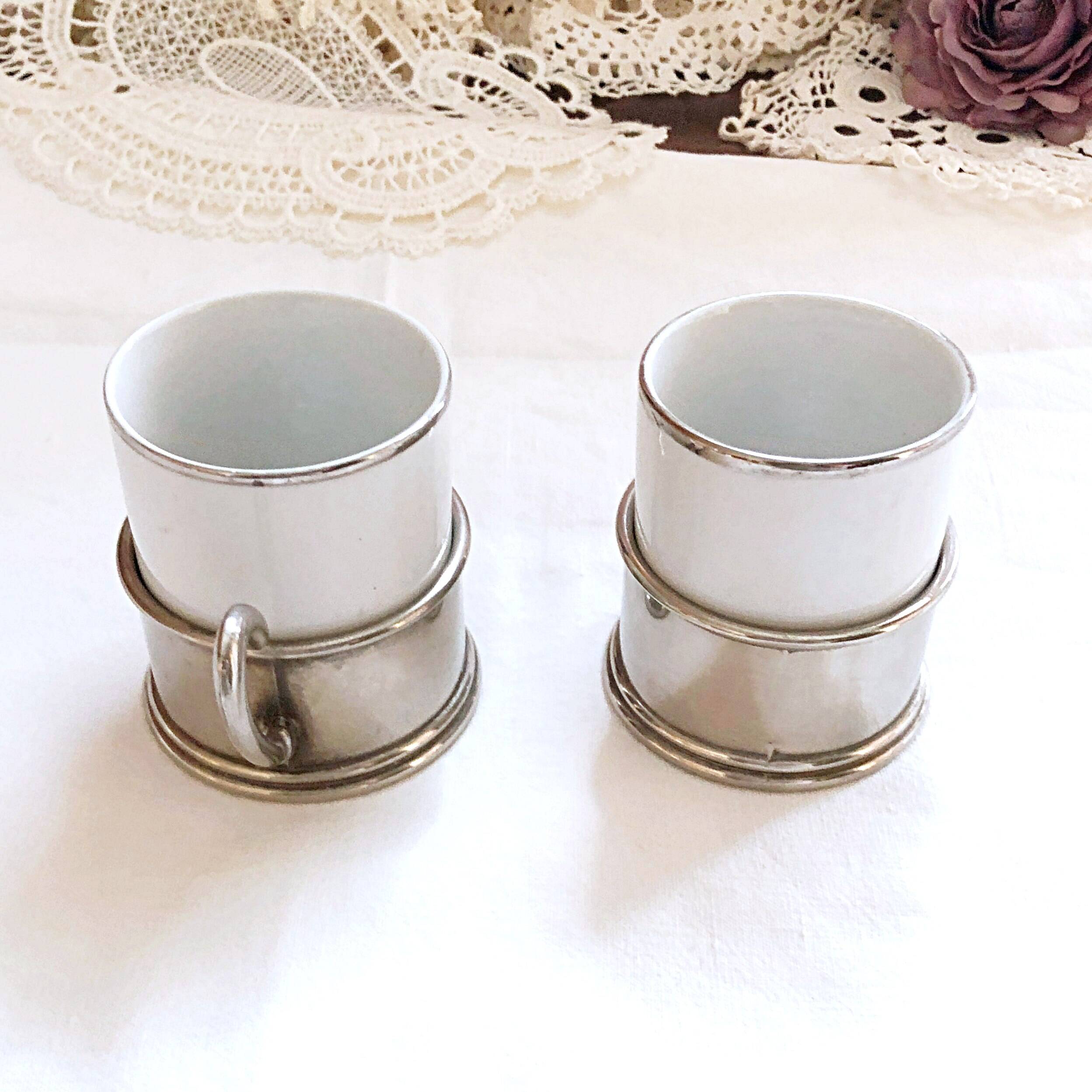 Duo Italian Porcelain Cups with Vintage Monopoly Pewter Holder