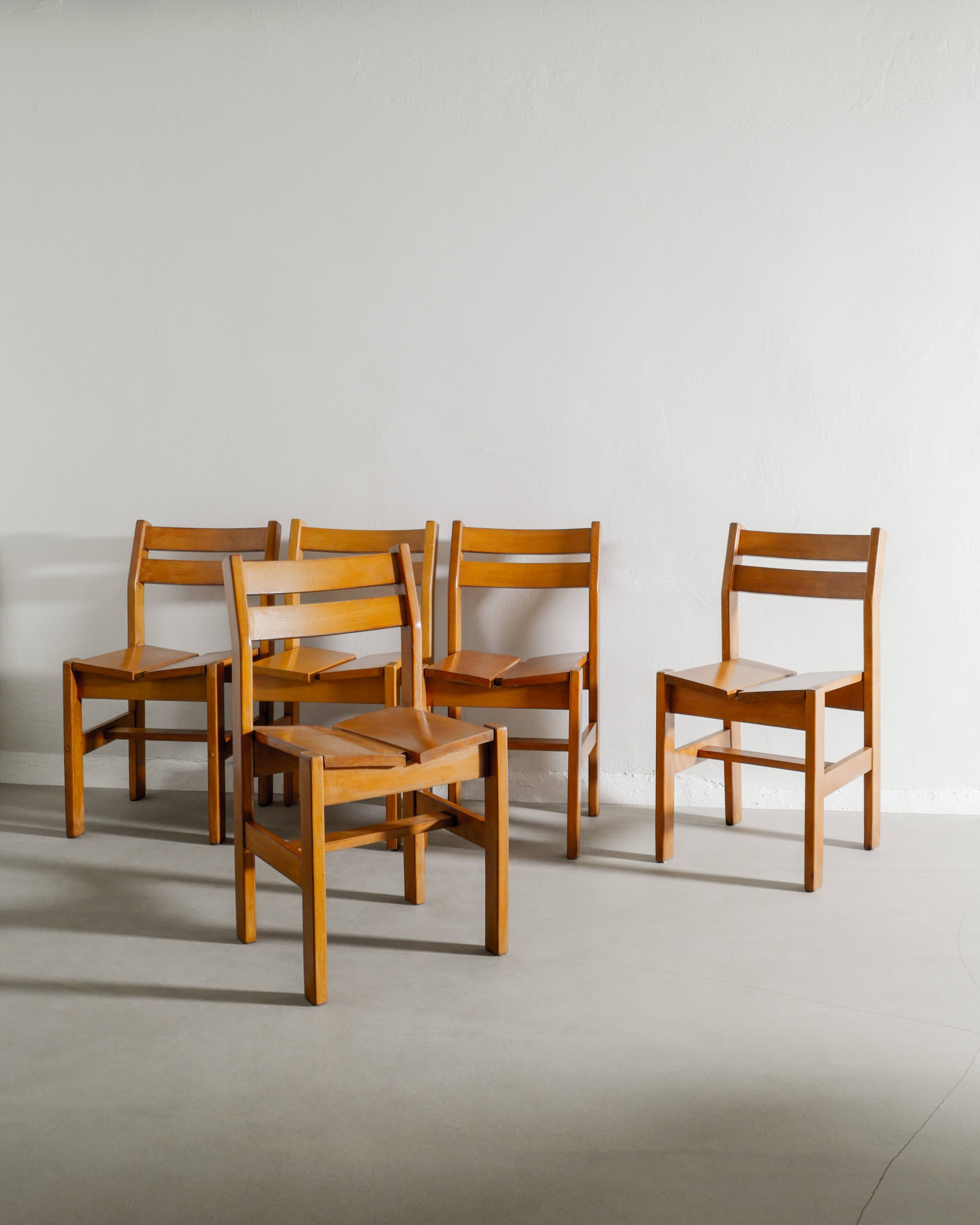 Set of 5 French Vintage Mid Century Dining Chairs in Elm, 1960s