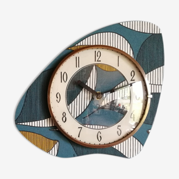 Horloge vintage pendule murale silencieuse asymétrique "Bleu blanc ocre"