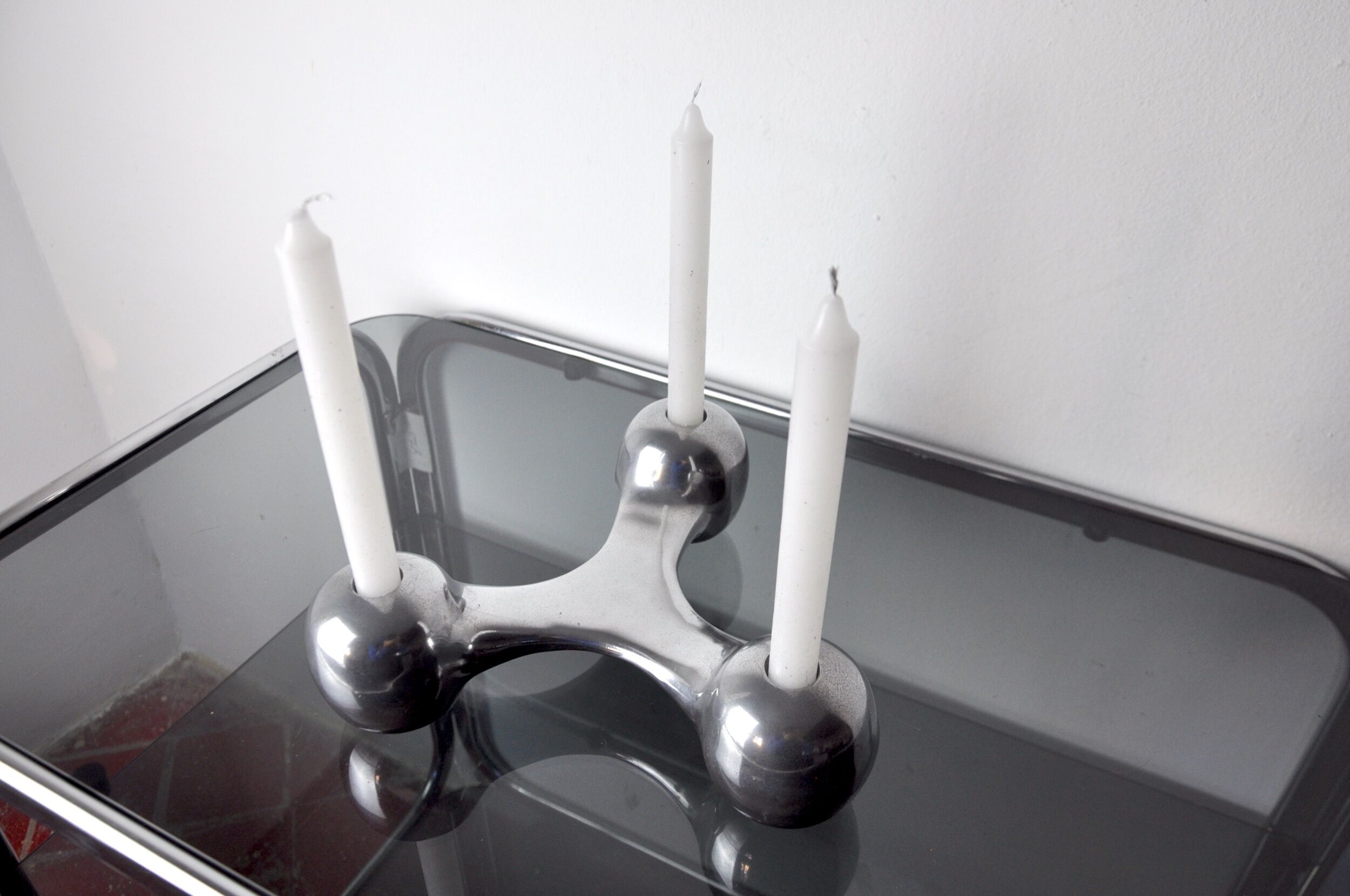 Scandinavian Boomerang candle holders, aluminium, Denmark, 1970