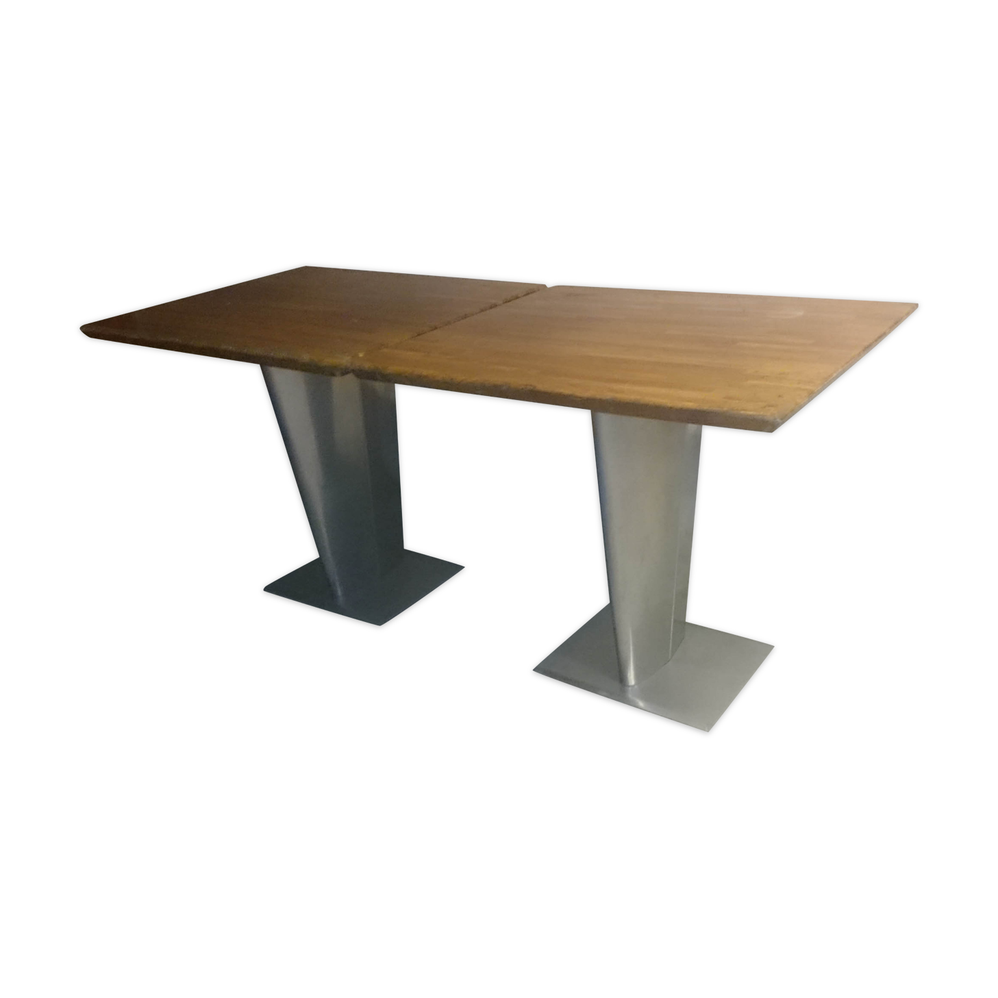 Pair of industrial metal foot tables and solid wood tray