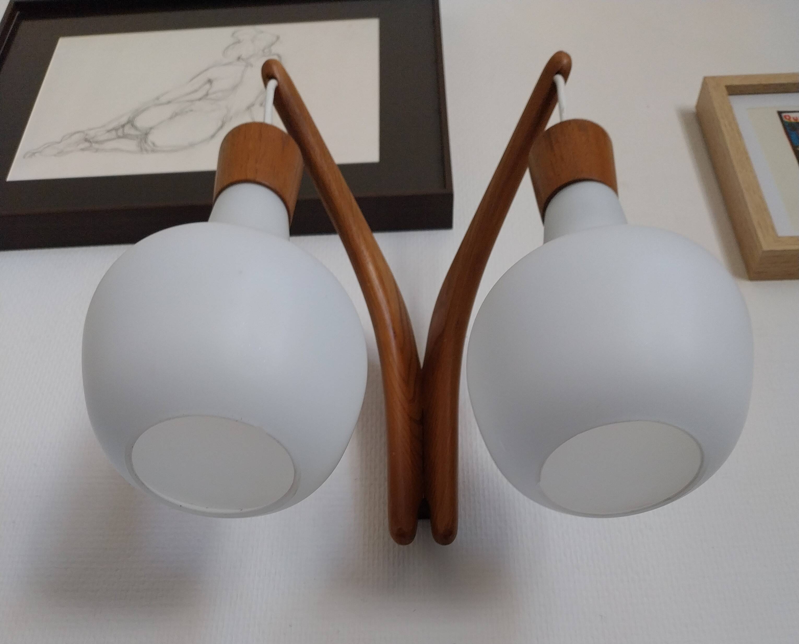 double teak wall lamp and Scandinavian suspended opalines
