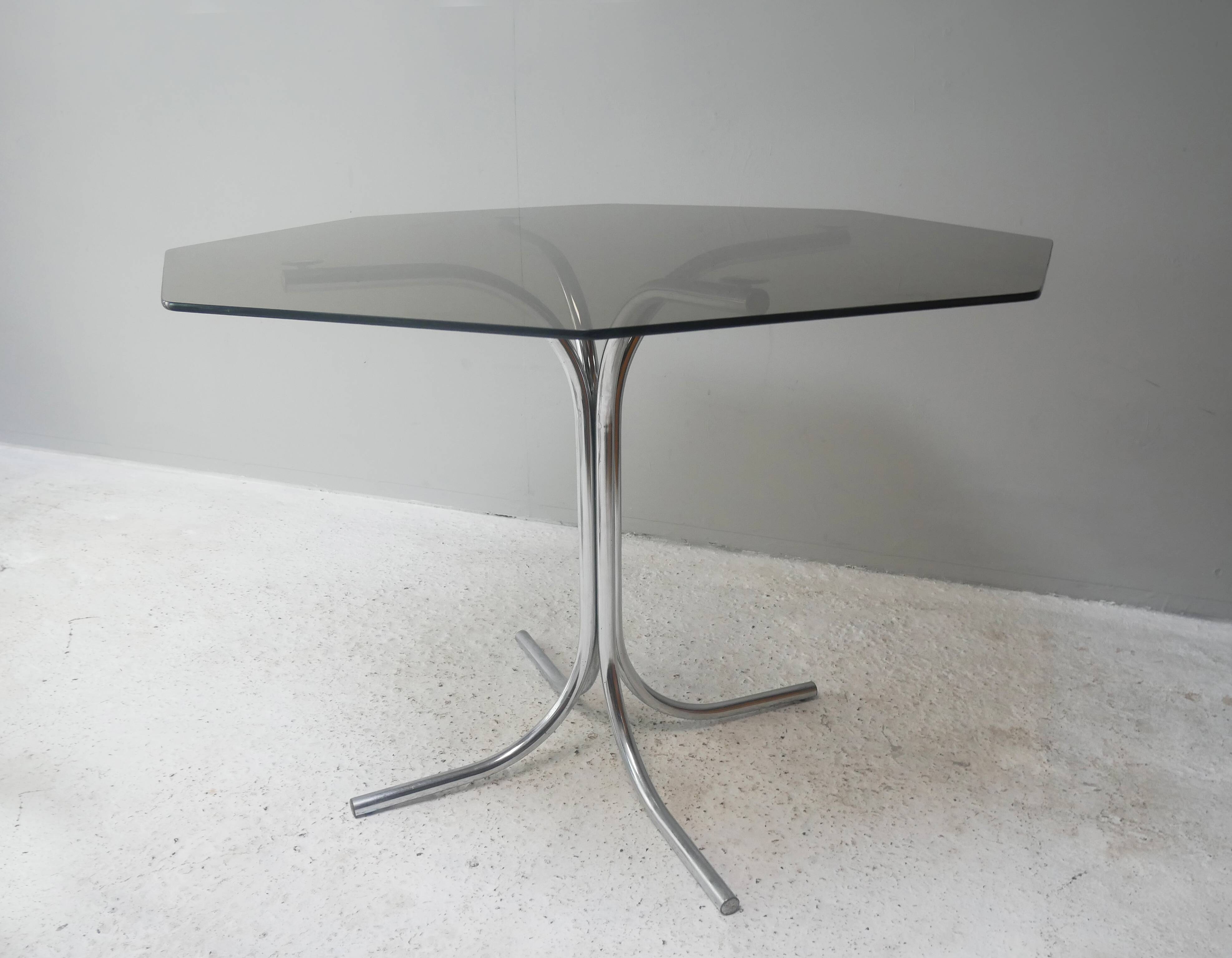 1970’s mid century glass 6 sided dining table with upholstered dining chairs