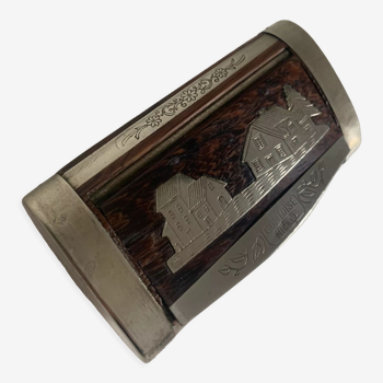 Vintage snuffbox 1900 tobacco box wood pewter - 8.5 x 4.5 cm