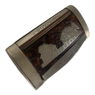 Tabatière vintage 1900 boîte à tabac bois étain - 8,5 x 4,5 cm
