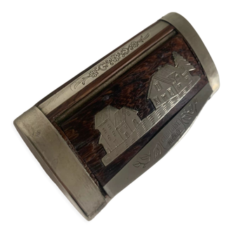 Vintage snuffbox 1900 tobacco box wood pewter - 8.5 x 4.5 cm