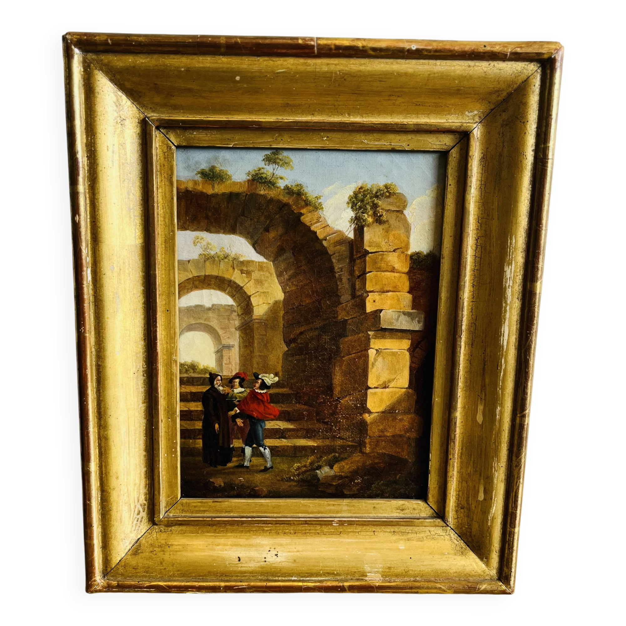 Oil painting on canvas depicting ancient ruins