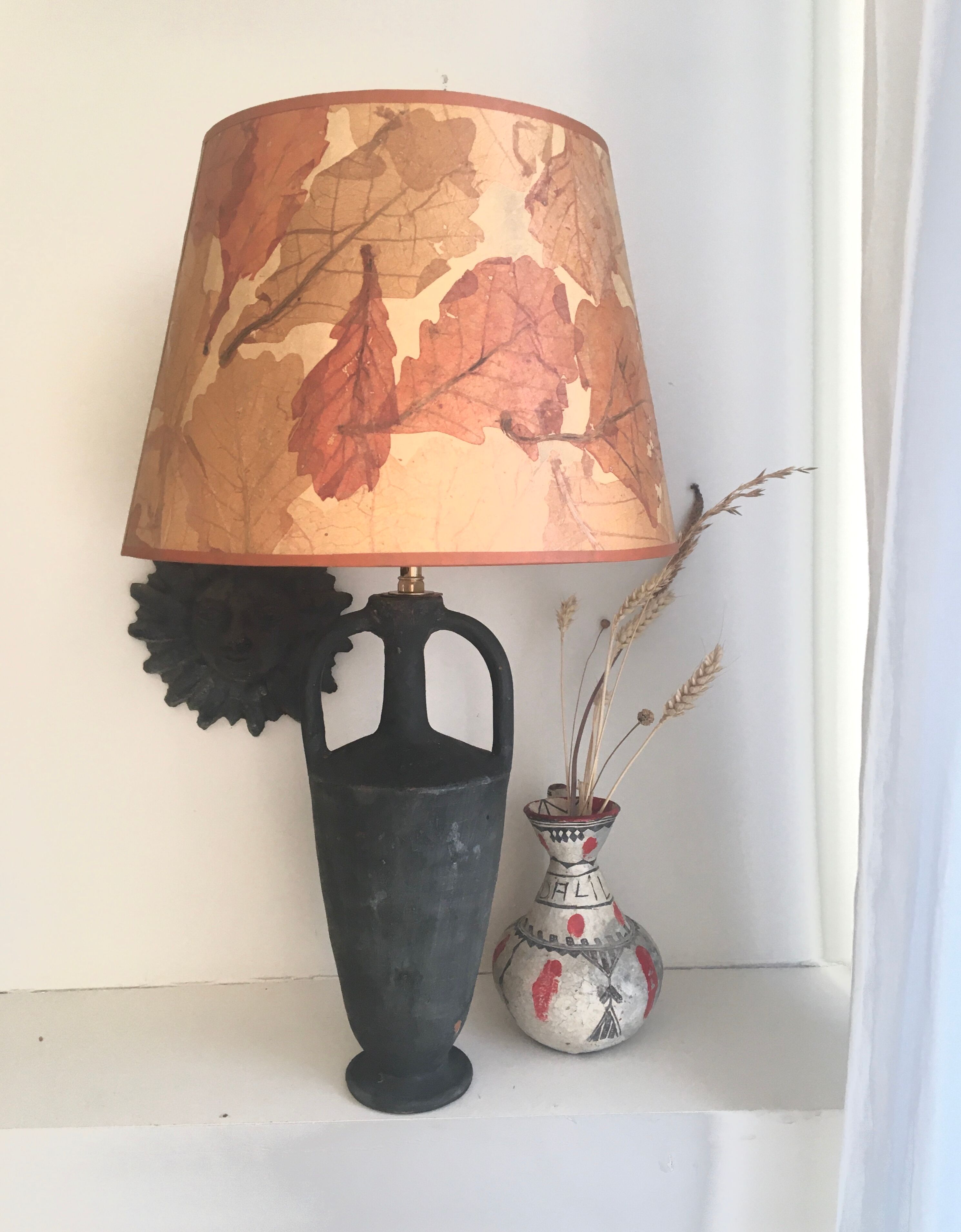 Pied de lampe terre cuite peinte, câble tissu 2 m