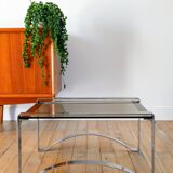 Rectangular coffee table in chrome and smoked glass, arched legs, Space Age, Design, 1970