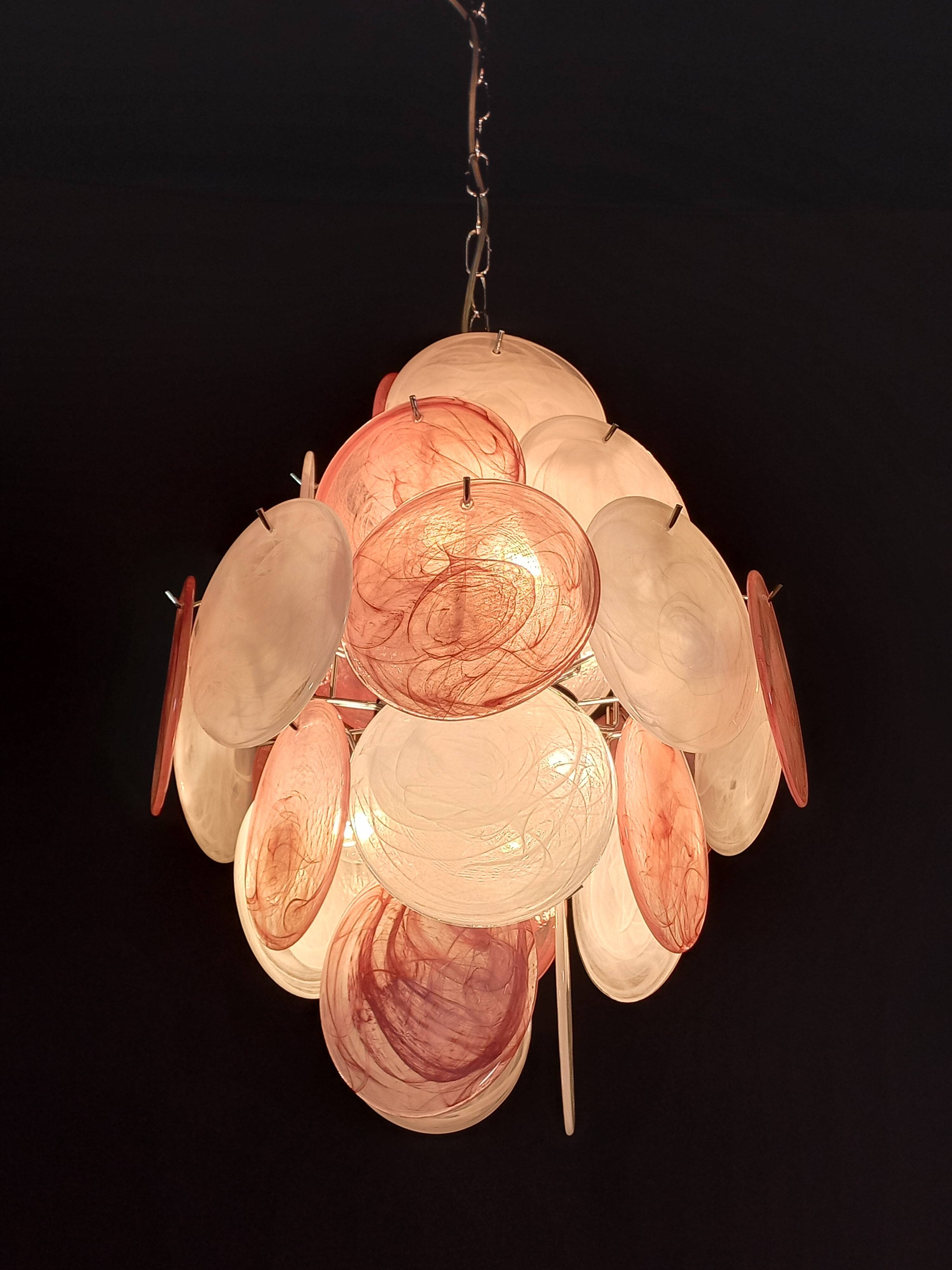 Handcrafted chandelier with alabaster disc glass, Murano glass.
