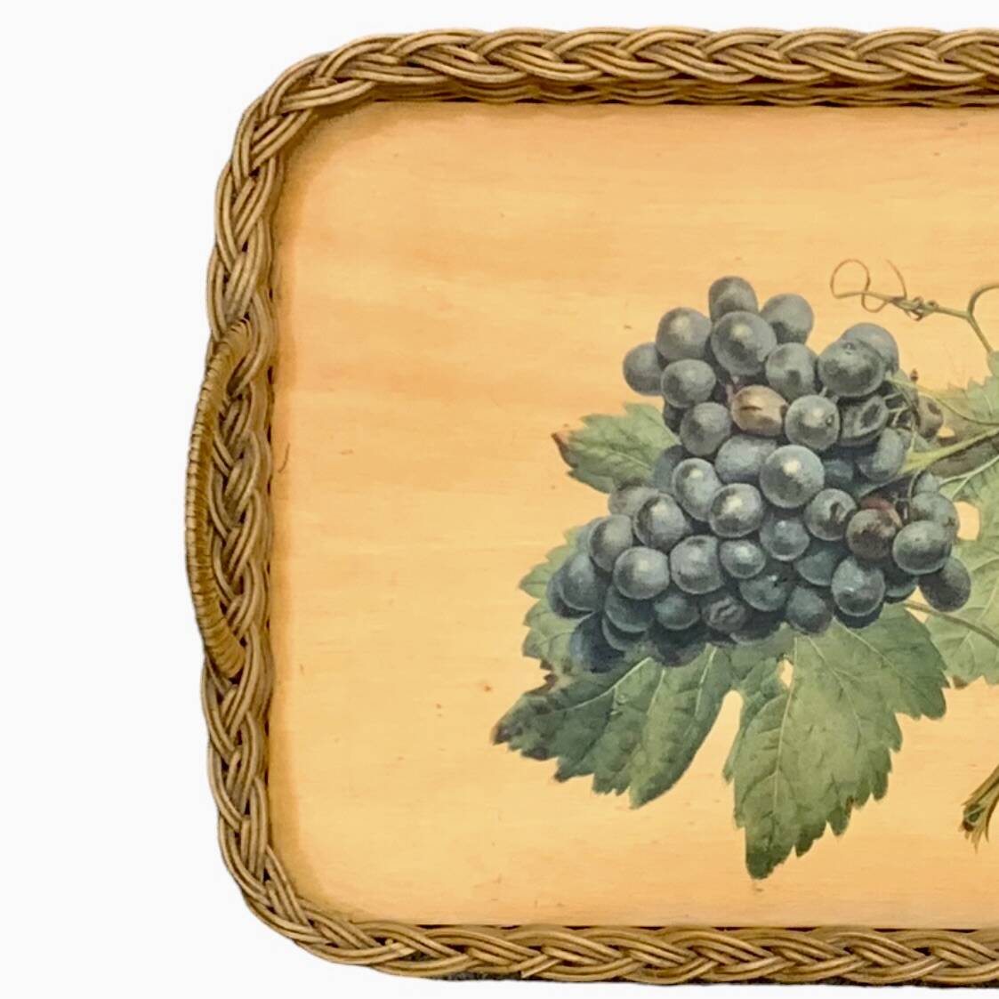 Vintage rattan and varnished wood tray - grape cluster decor