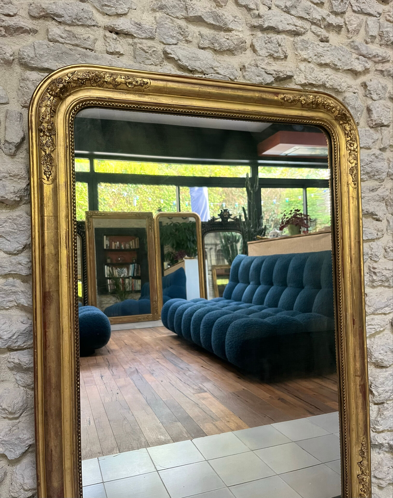 Miroir de cheminée Louis-Philippe perlé 126/90cm feuille d’or, glace
