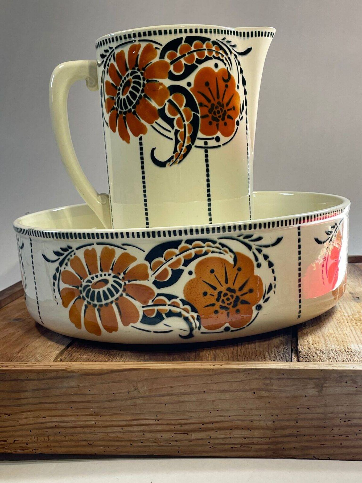 Antique bowl and basin from Saint-Amand, decorated earthenware, 1920s