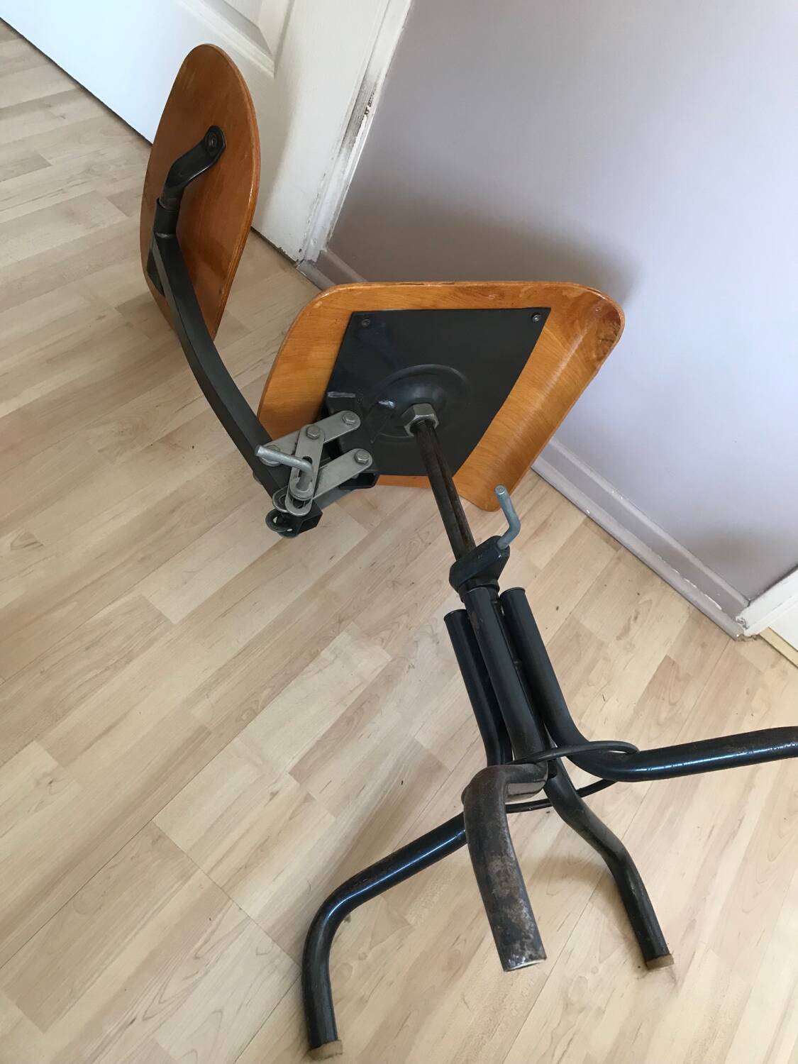 Vintage industrial workshop chair/stool in wood and metal