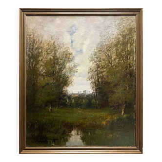 HST painting "Landscape with trees at the pond and village" 19th century Barbizon signed