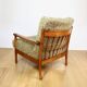 Wooden vintage brown armchair, olive green, long pile on removable cushions